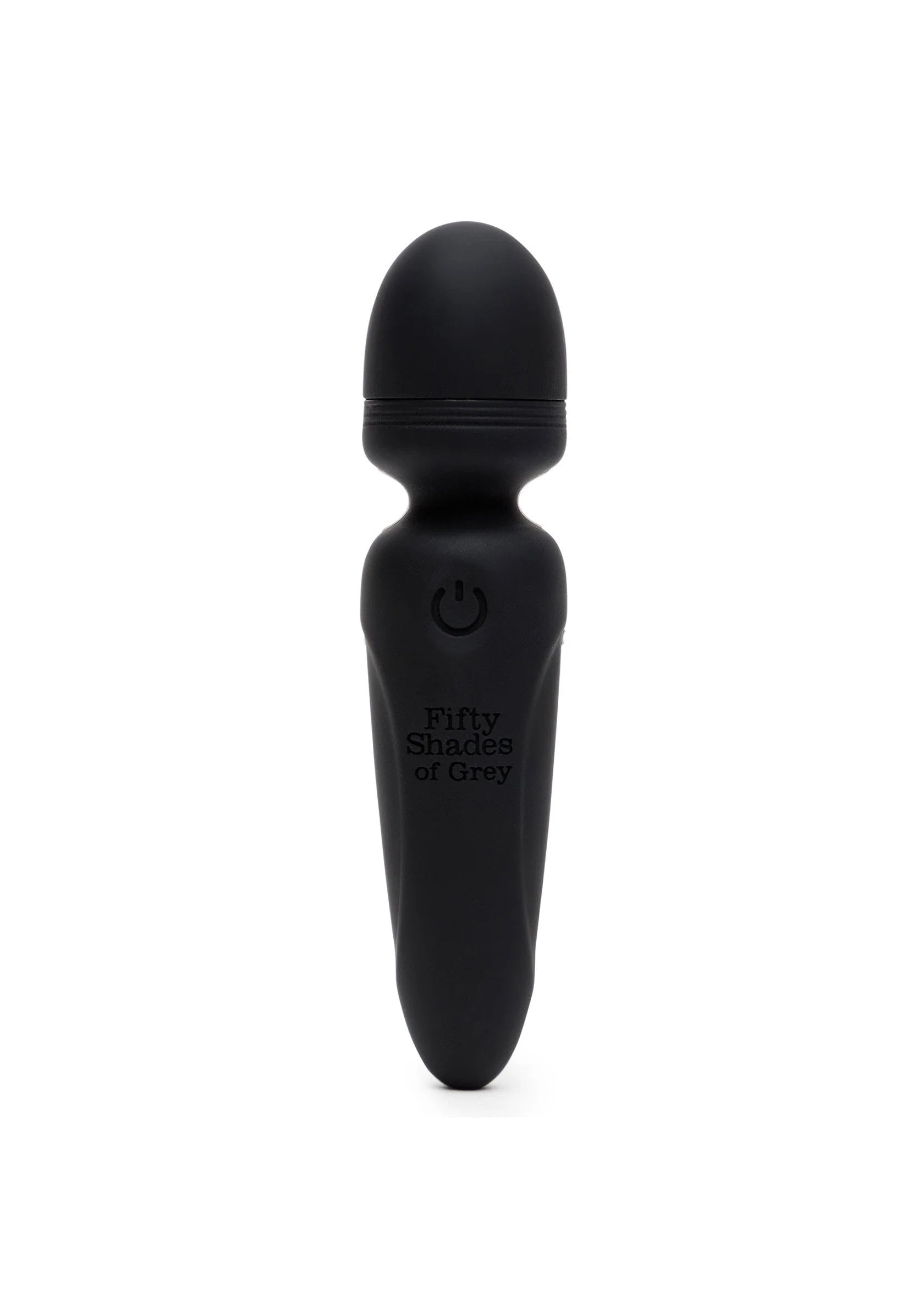 Mini wand vibrator matzwart, ovaal handvat met stroomknop en afgeronde kop bovenaan