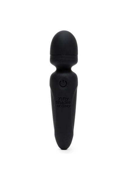Mini wand vibrator matzwart, ovaal handvat met stroomknop en afgeronde kop bovenaan