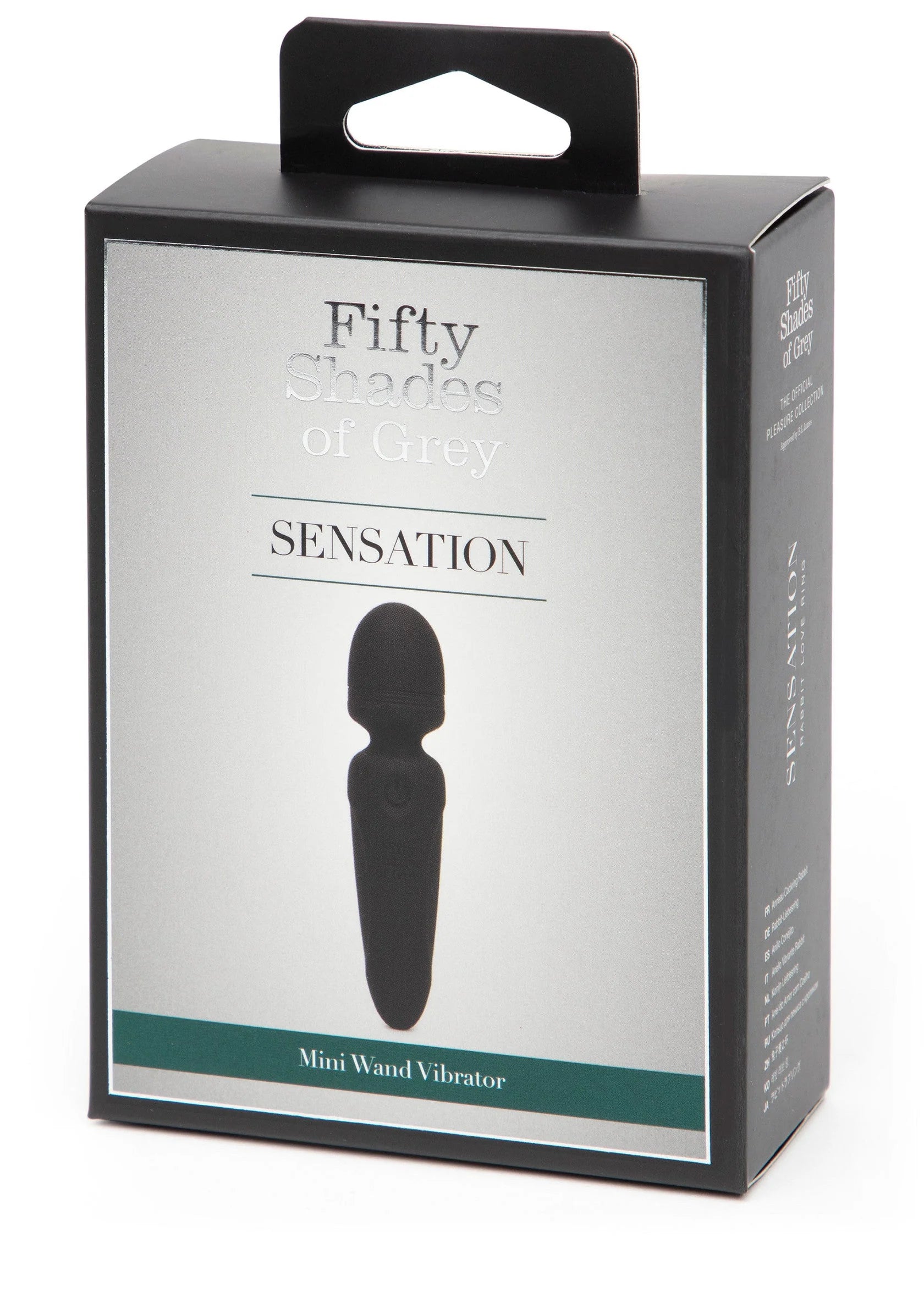 Productdoos mini wand vibrator met handgreepsilhouet en tekst op de voorkant