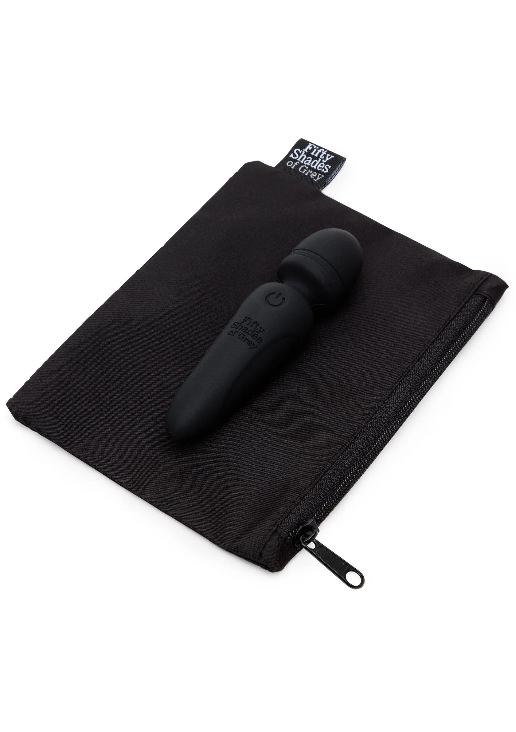 Mini wand vibrator matzwart in zwarte opbergzak met rits, knopje op het handvat