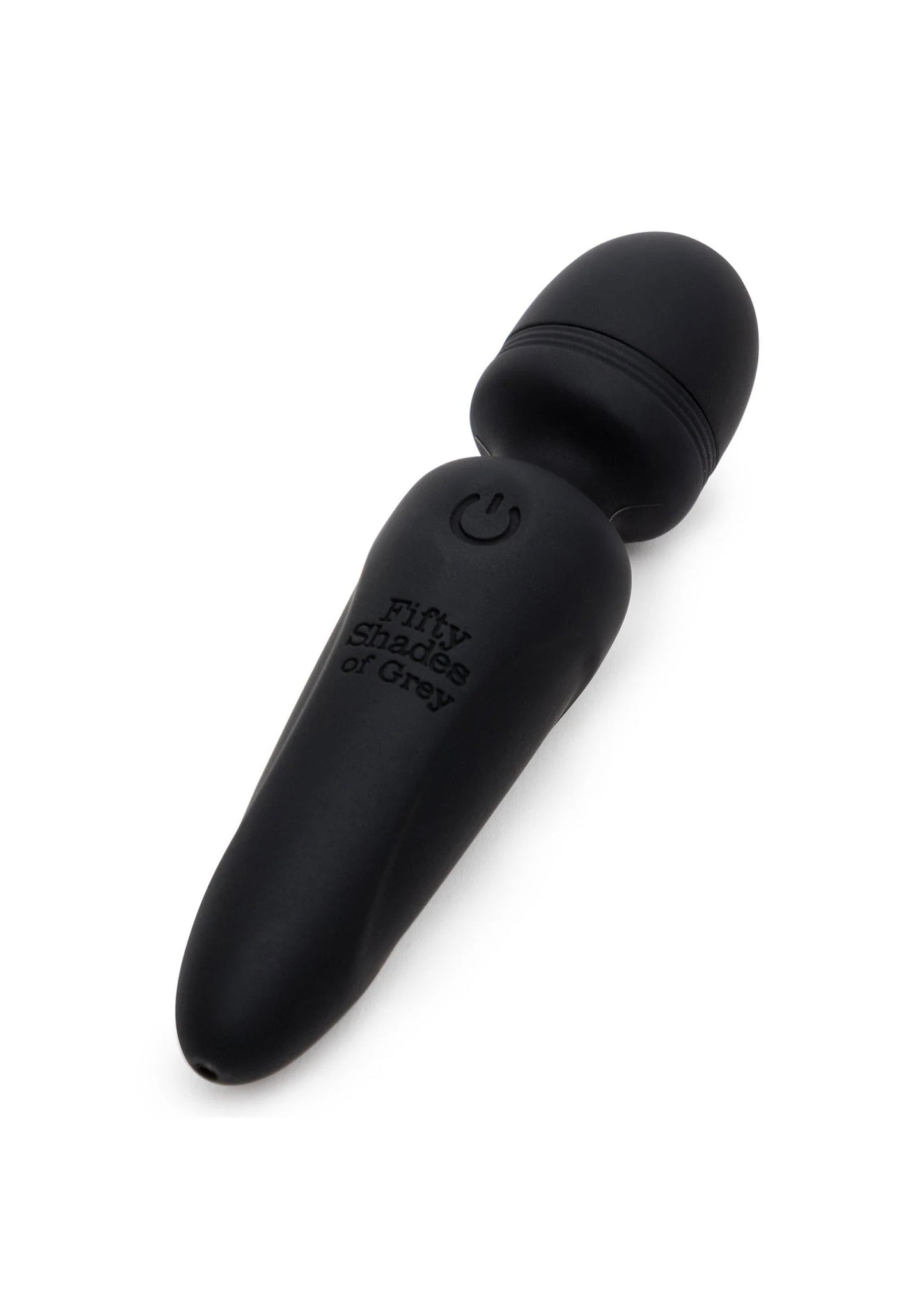 Mini wand vibrator matzwart met ronde kop en zichtbare aan/uit-knop op het handvat