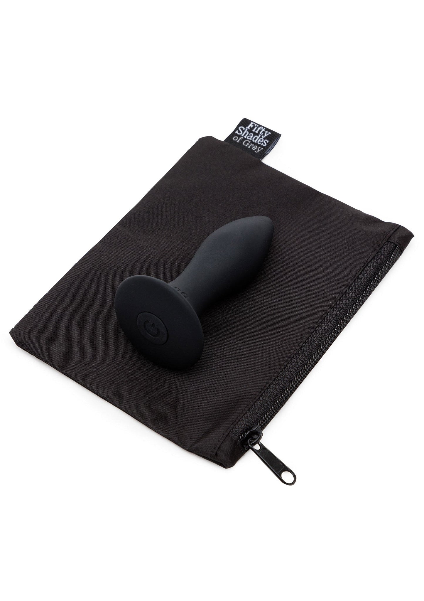 Zwarte opbergtas met buttplug en rits, label Fifty Shades of Grey zichtbaar