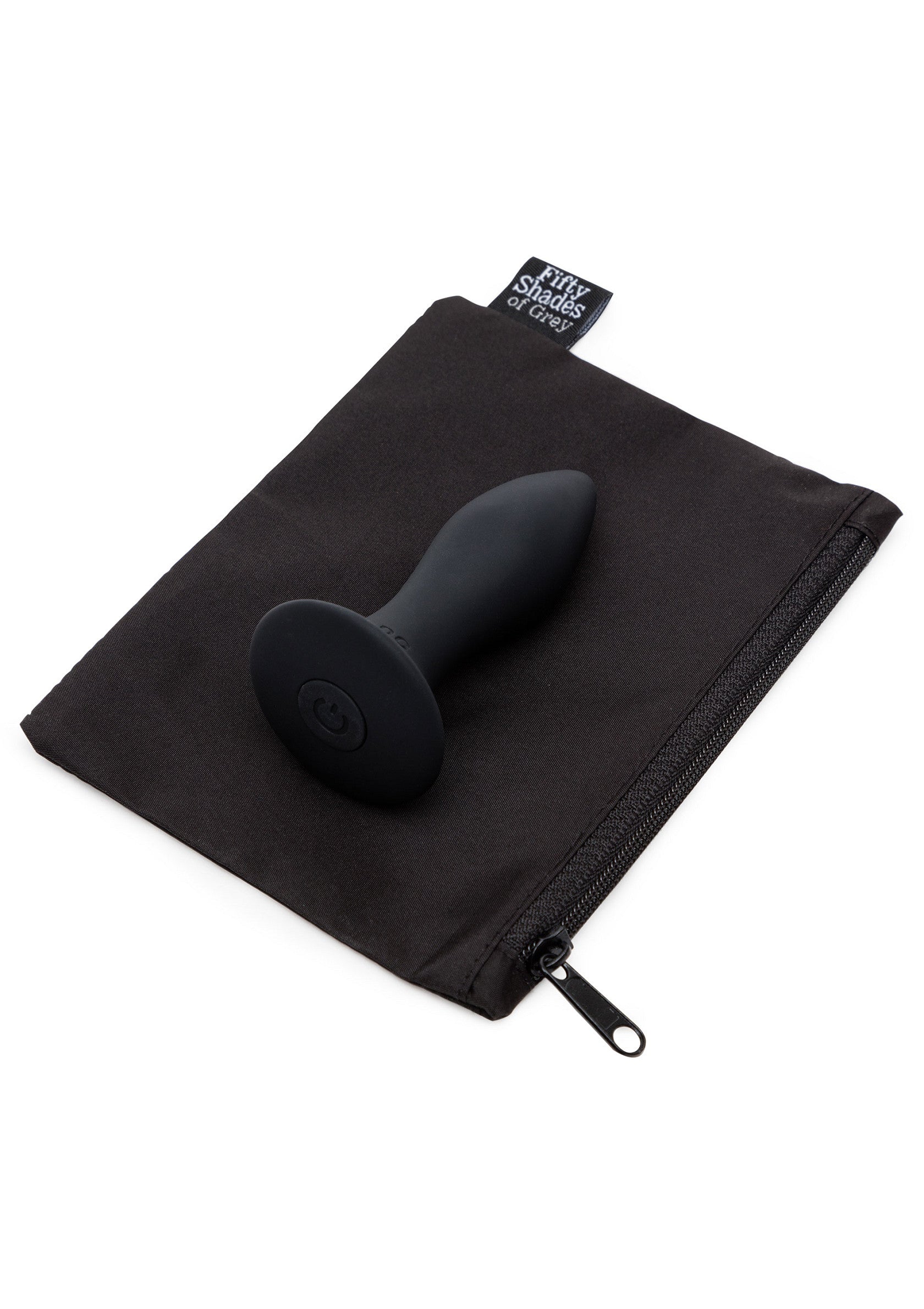 Zwarte opbergtas met buttplug en rits, label Fifty Shades of Grey zichtbaar