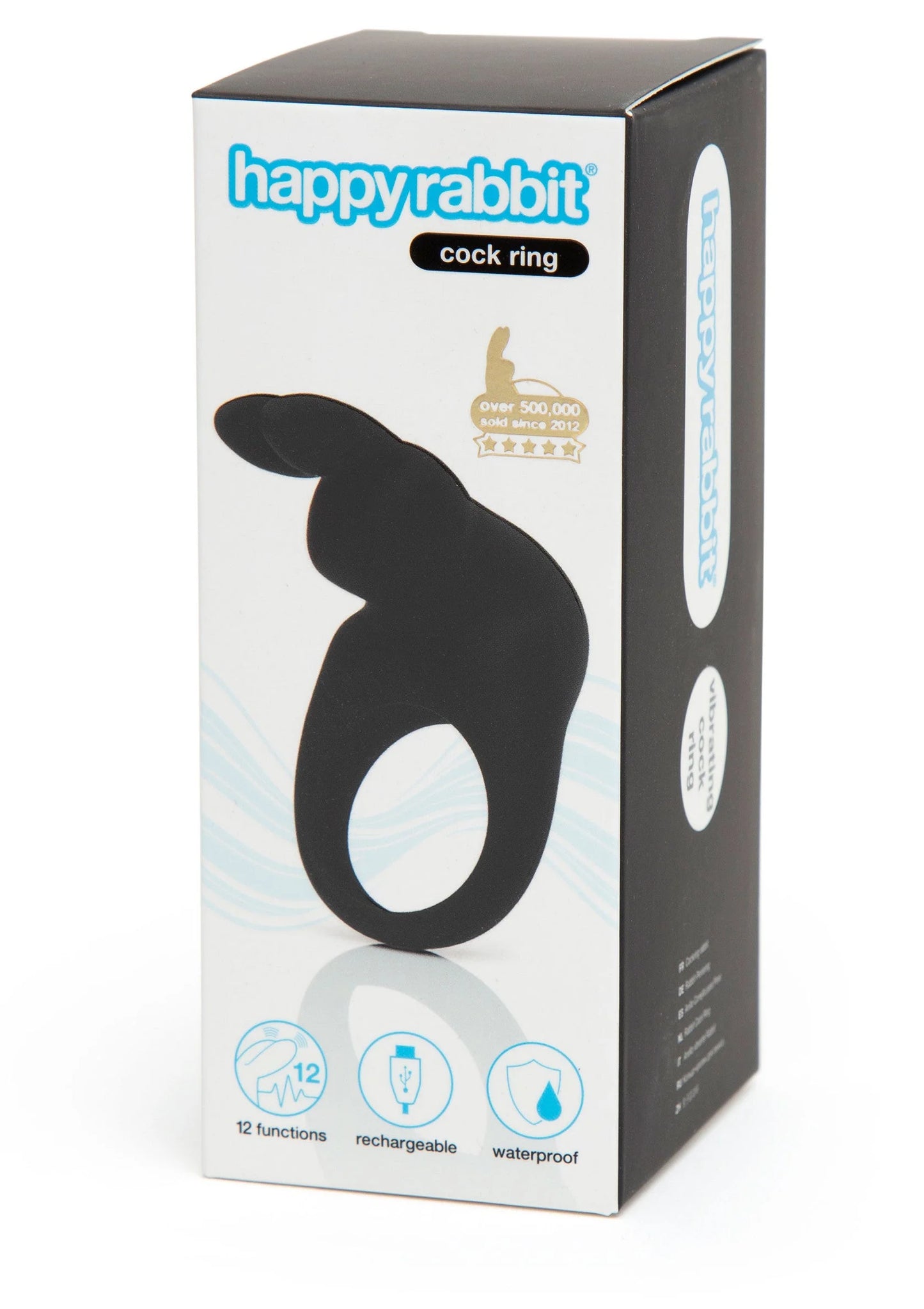Happy rabbit kokkerring verpakking, zwart-witte doos met productafbeelding