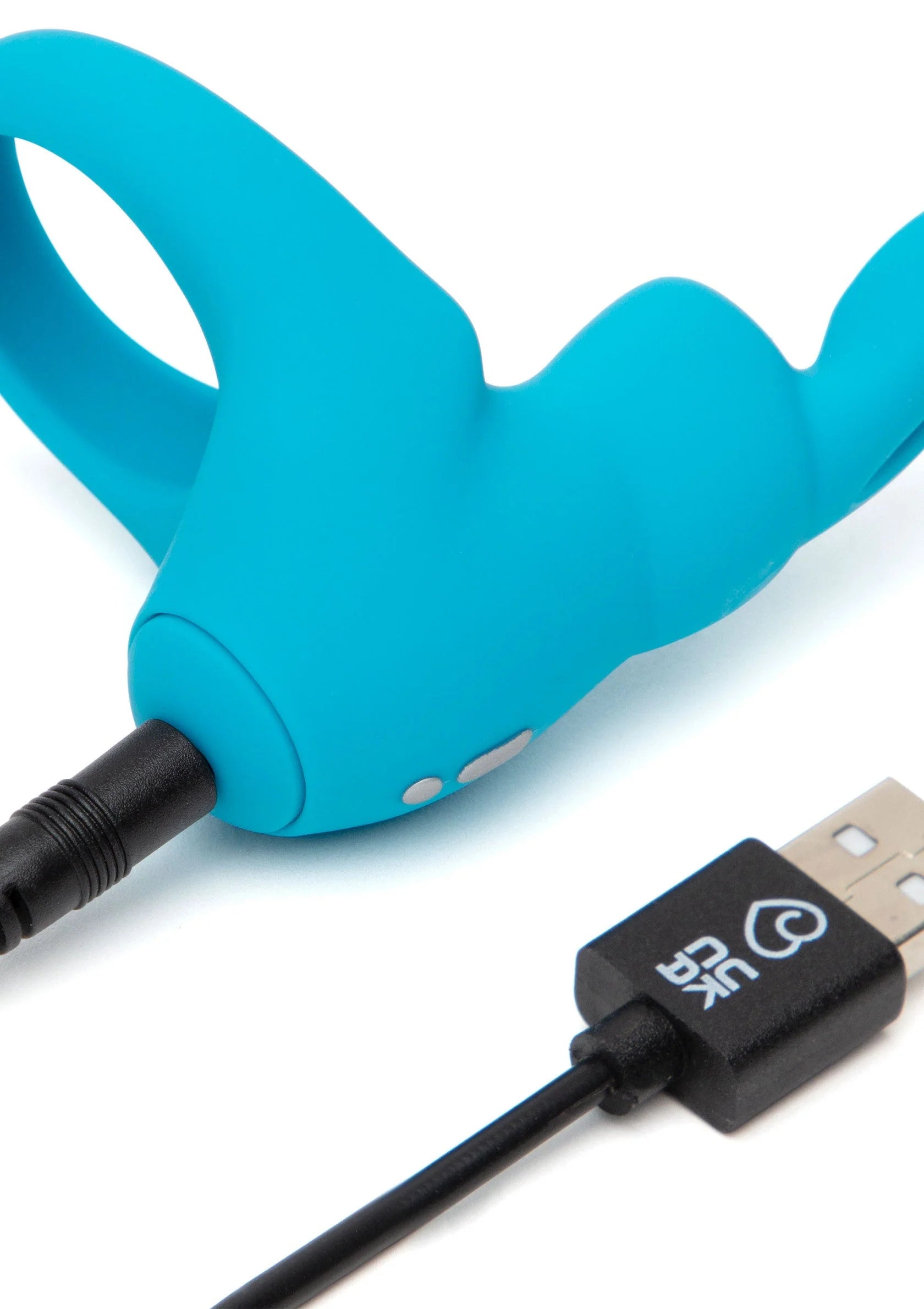 Blauwe cockring met USB-kabel, laadconnector zichtbaar