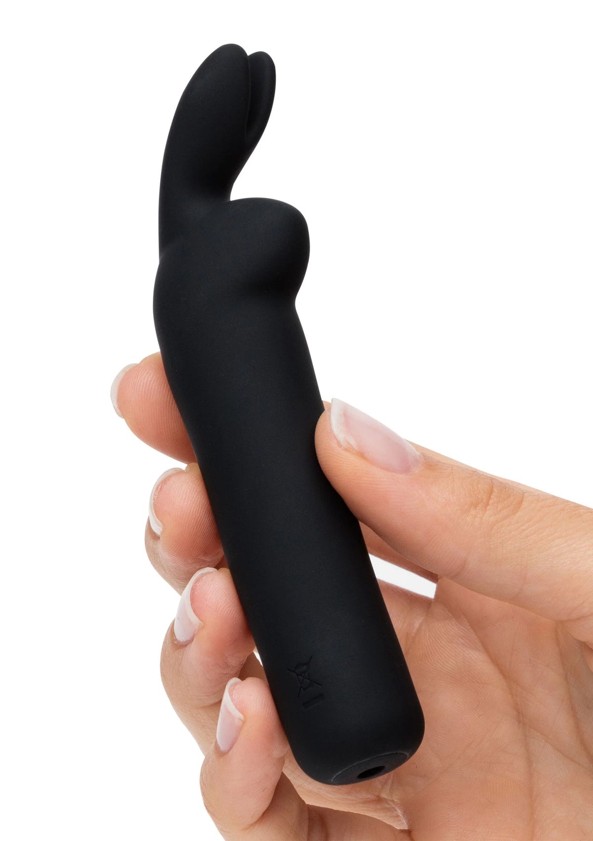 Zwarte bullet vibrator met konijnoren, vastgehouden in hand