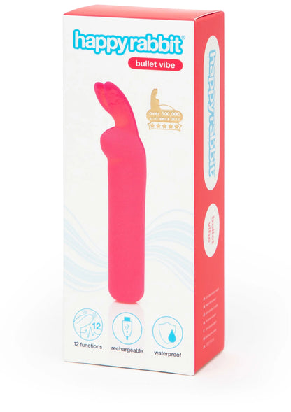Verpakking van konijnenoortjes bullet vibrator met happyrabbit-tekst, roze doos