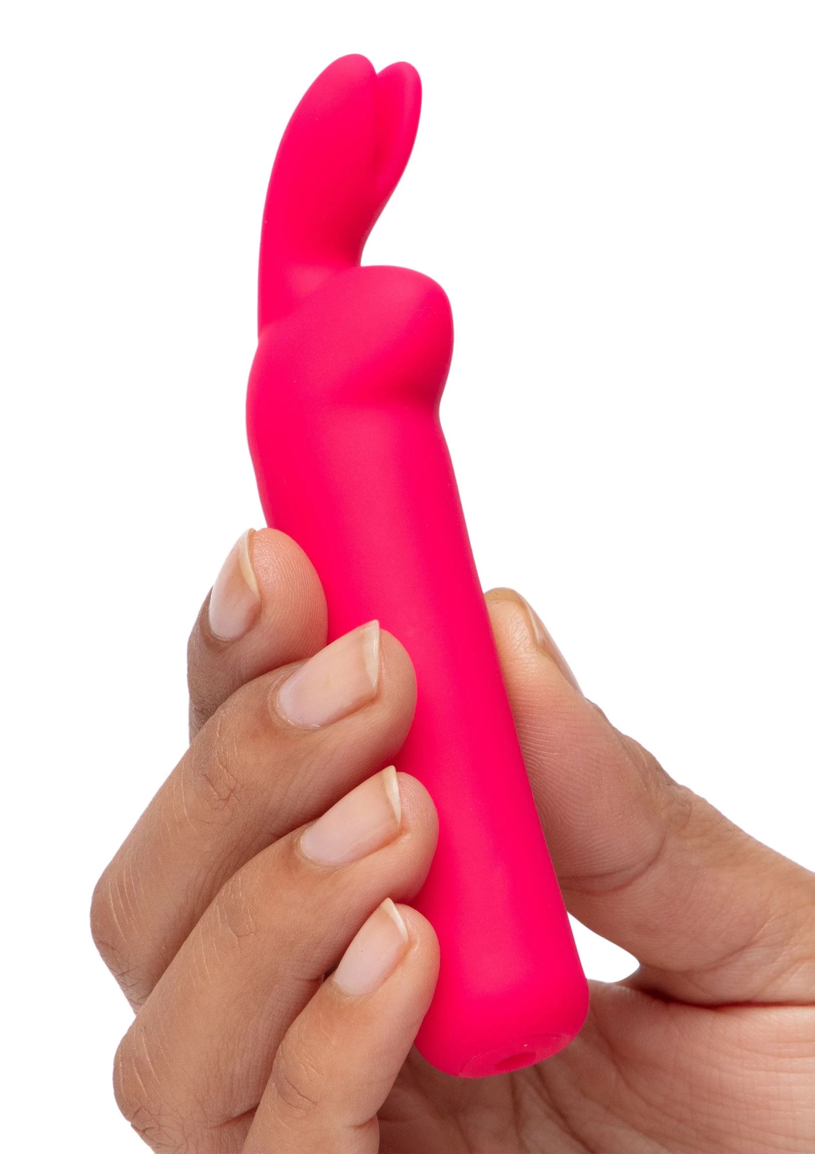 Konijnenoortjes bullet vibrator, felroze staaf in hand met konijnenoortjes