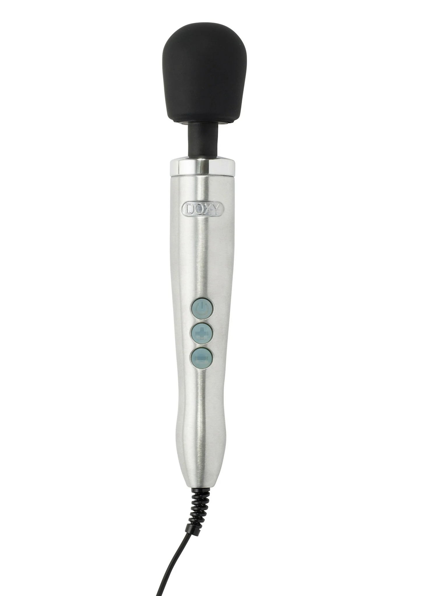 Massagewand met zwarte kop en zilverkleurige handgreep met ronde knoppen