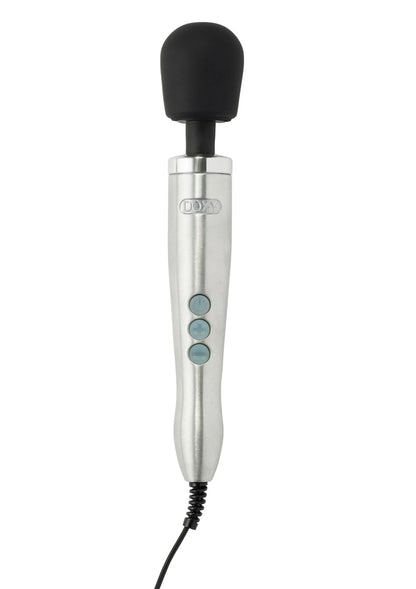 Massagewand met zwarte kop en zilverkleurige handgreep met ronde knoppen