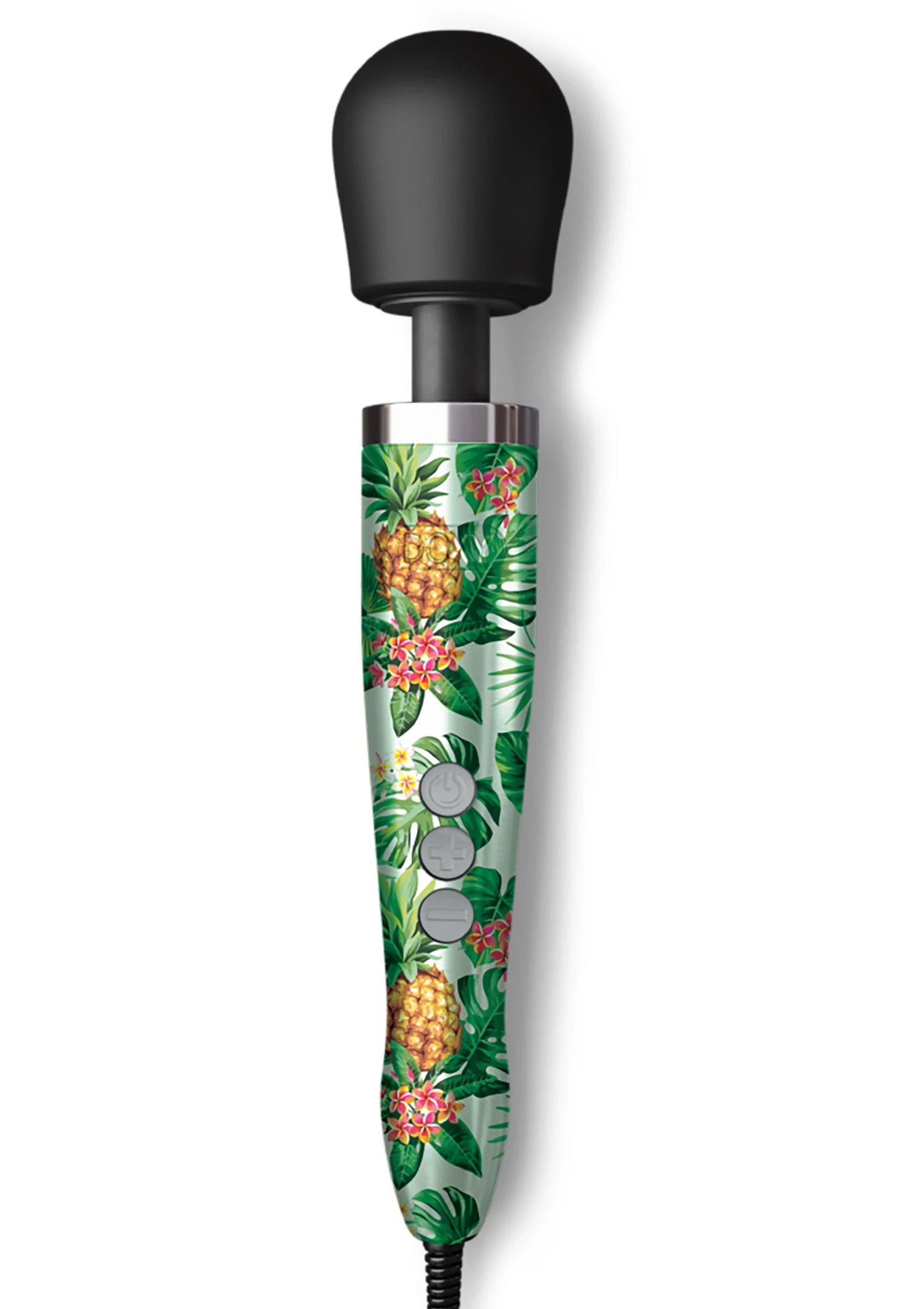 Massagewand met zwarte kop en groene tropische print met ananas en hibiscus