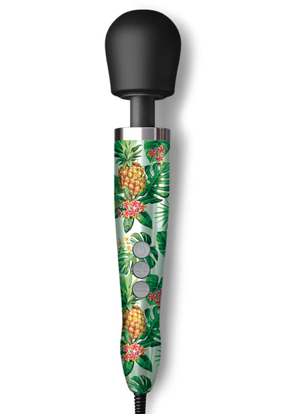 Massagewand met zwarte kop en groene tropische print met ananas en hibiscus