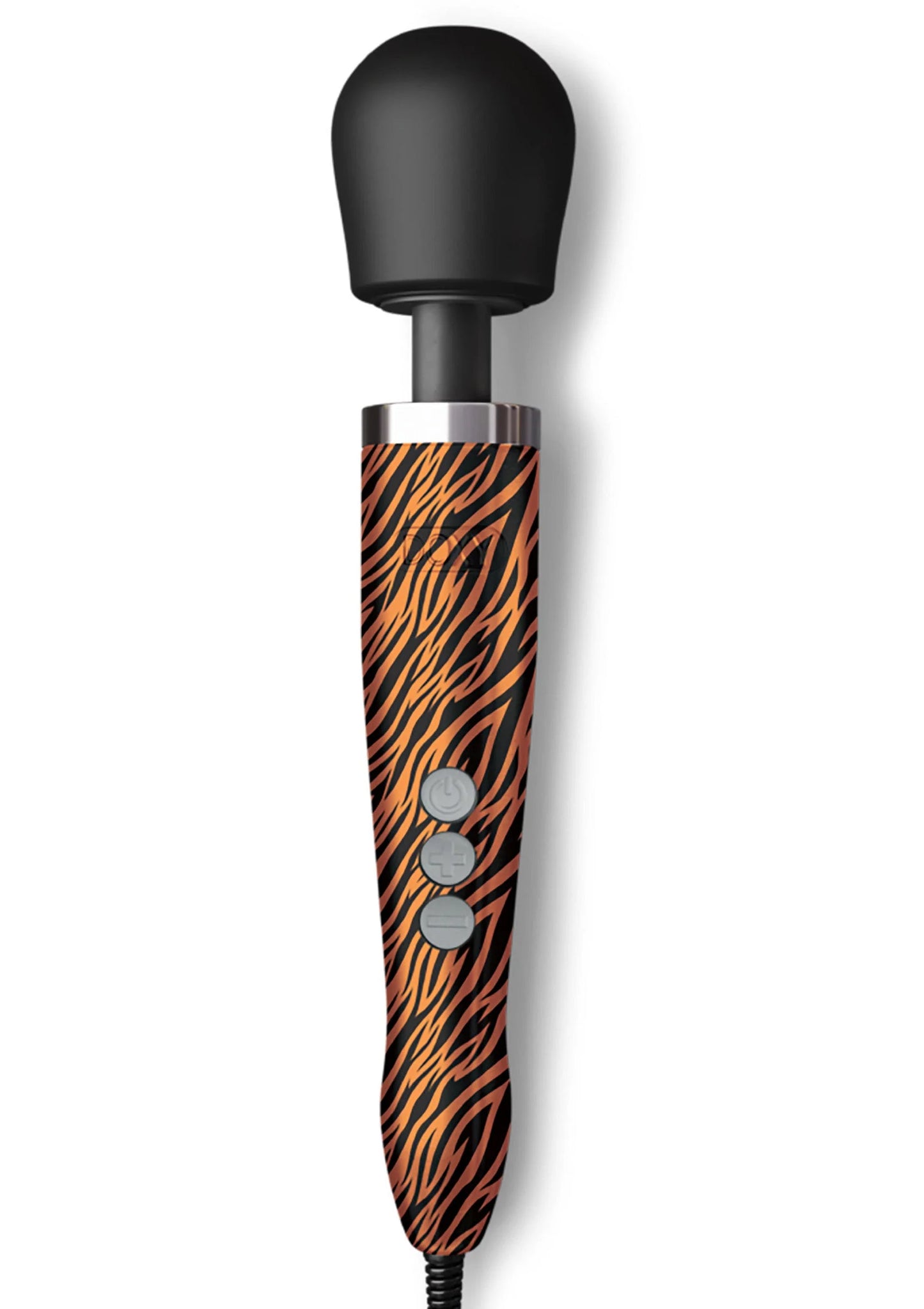 Massagewand met zwarte kop en oranje-zwarte tijgerprint met ronde knoppen