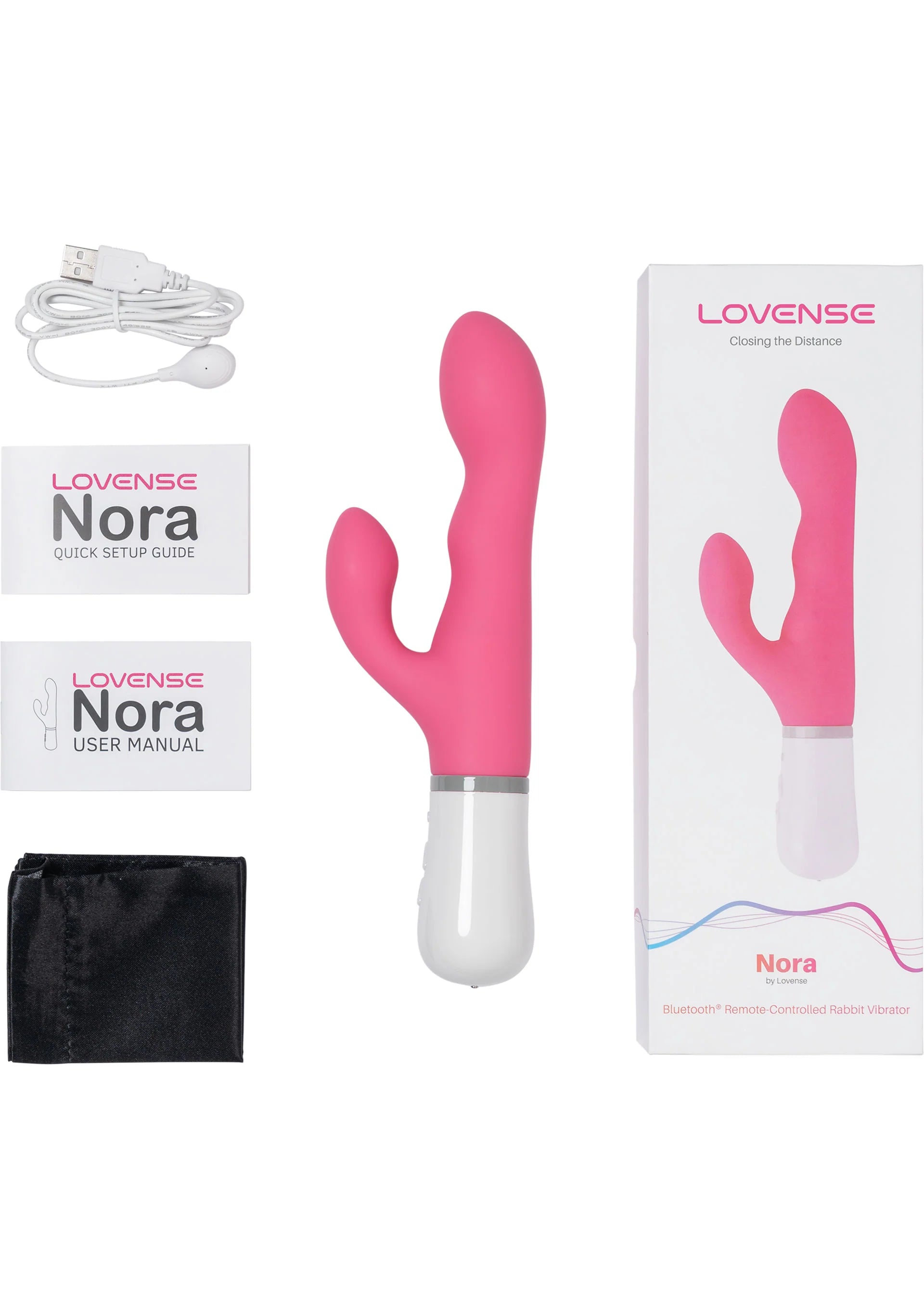 Lovesense Nora accessoires: roze vibrator, handleiding, kabel en opbergtas