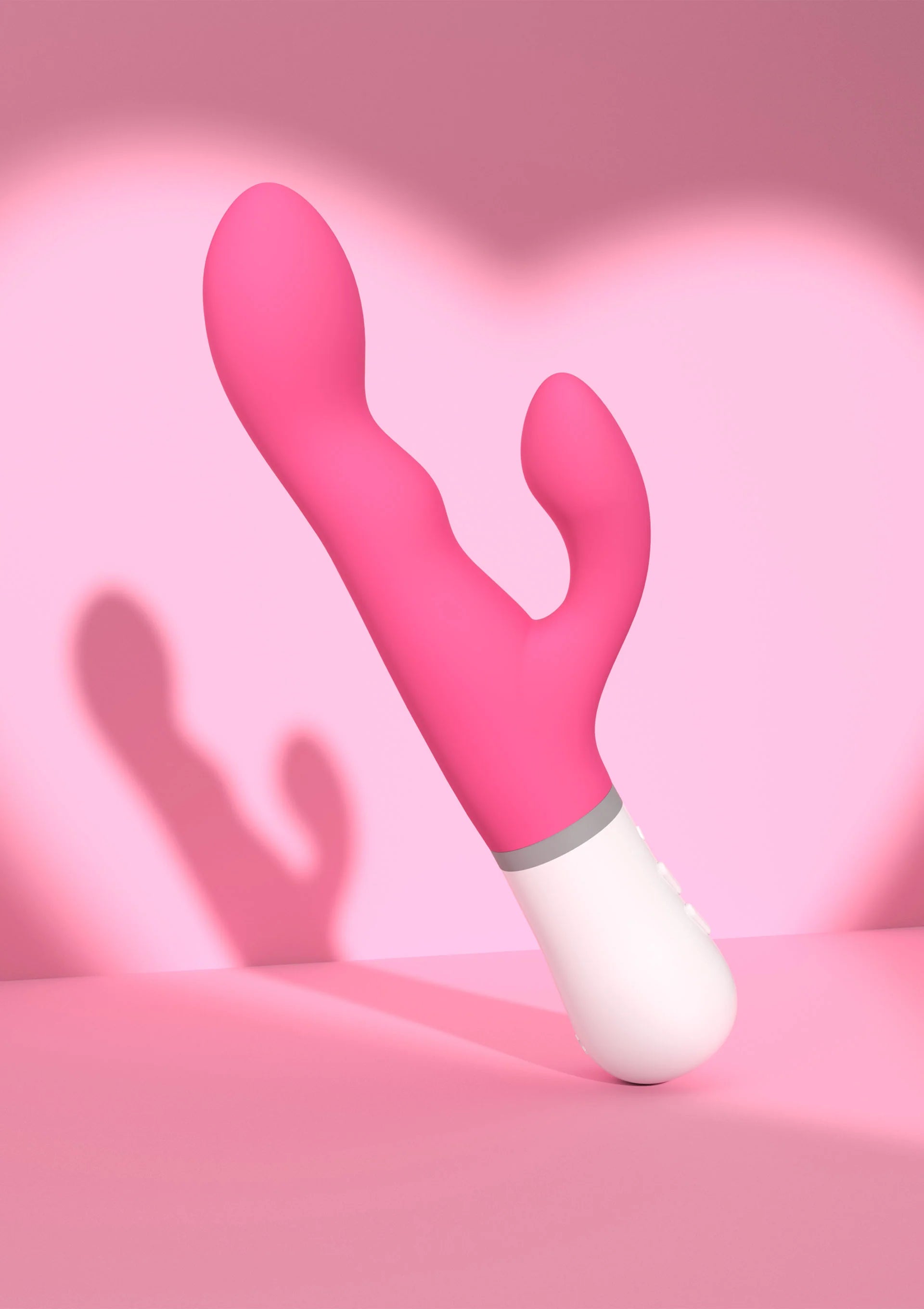 Lovesense Nora vibrator: roze Y-vormige kop met grijze ring en witte handgreep