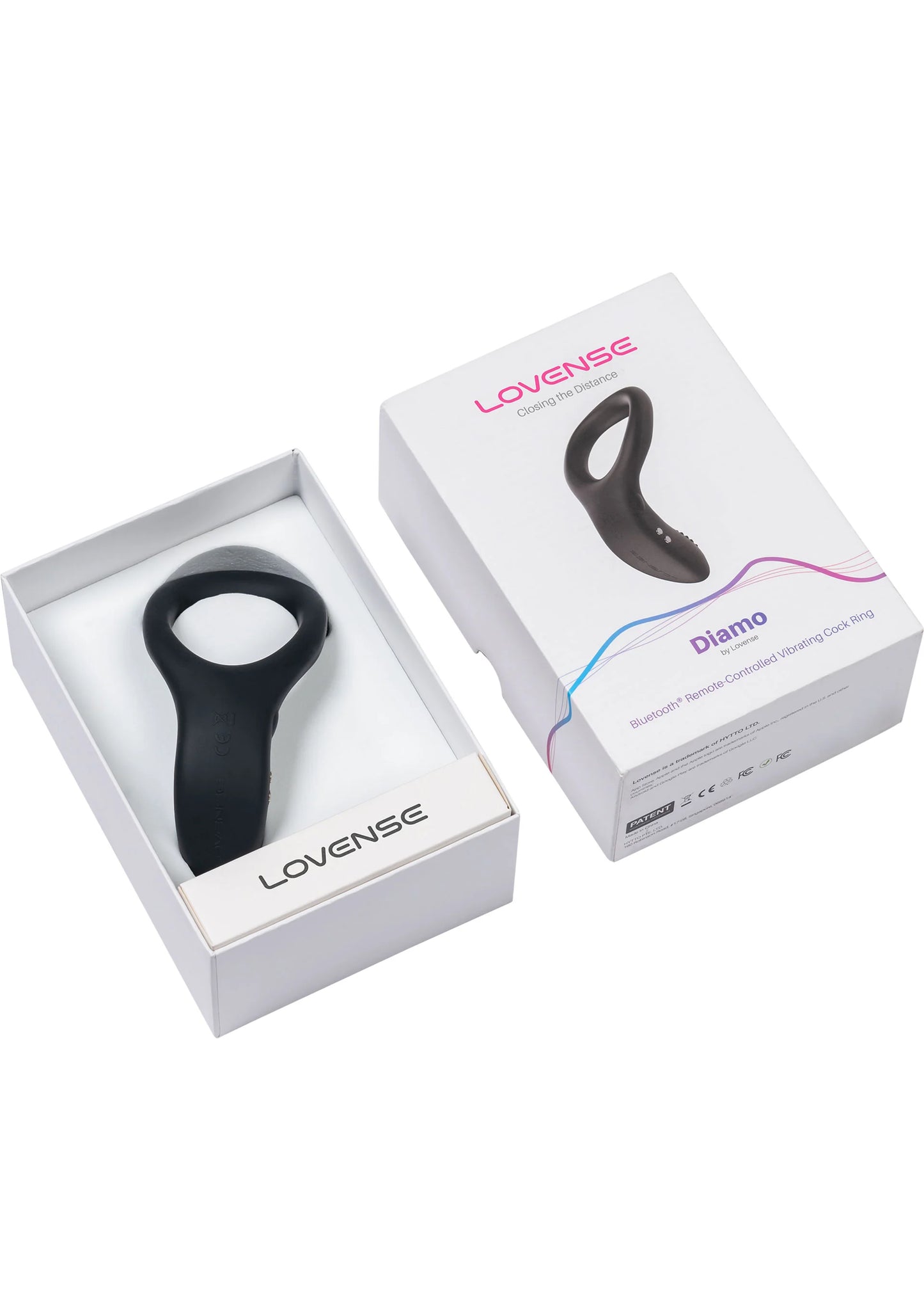 Vibrerende cockring Diamo van Lovesense in doos, zwarte siliconen ring