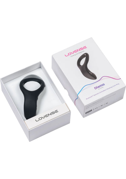 Vibrerende cockring Diamo van Lovesense in doos, zwarte siliconen ring