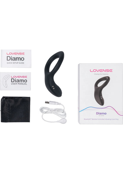 Set met vibrerende cockring Diamo van Lovesense, handleiding, kabel en opbergzak