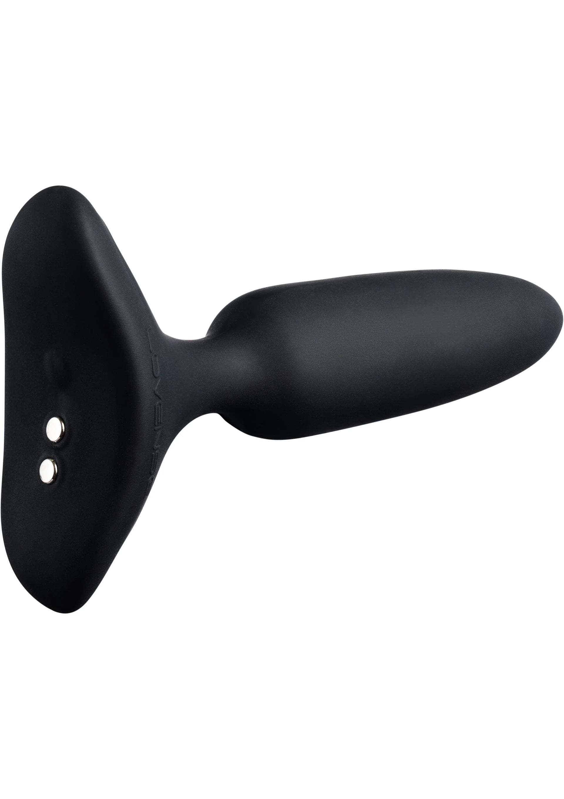 Zwarte buttplug met ronde punt en brede basis met twee contactknoppen
