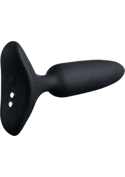 Zwarte buttplug met ronde punt en brede basis met twee contactknoppen