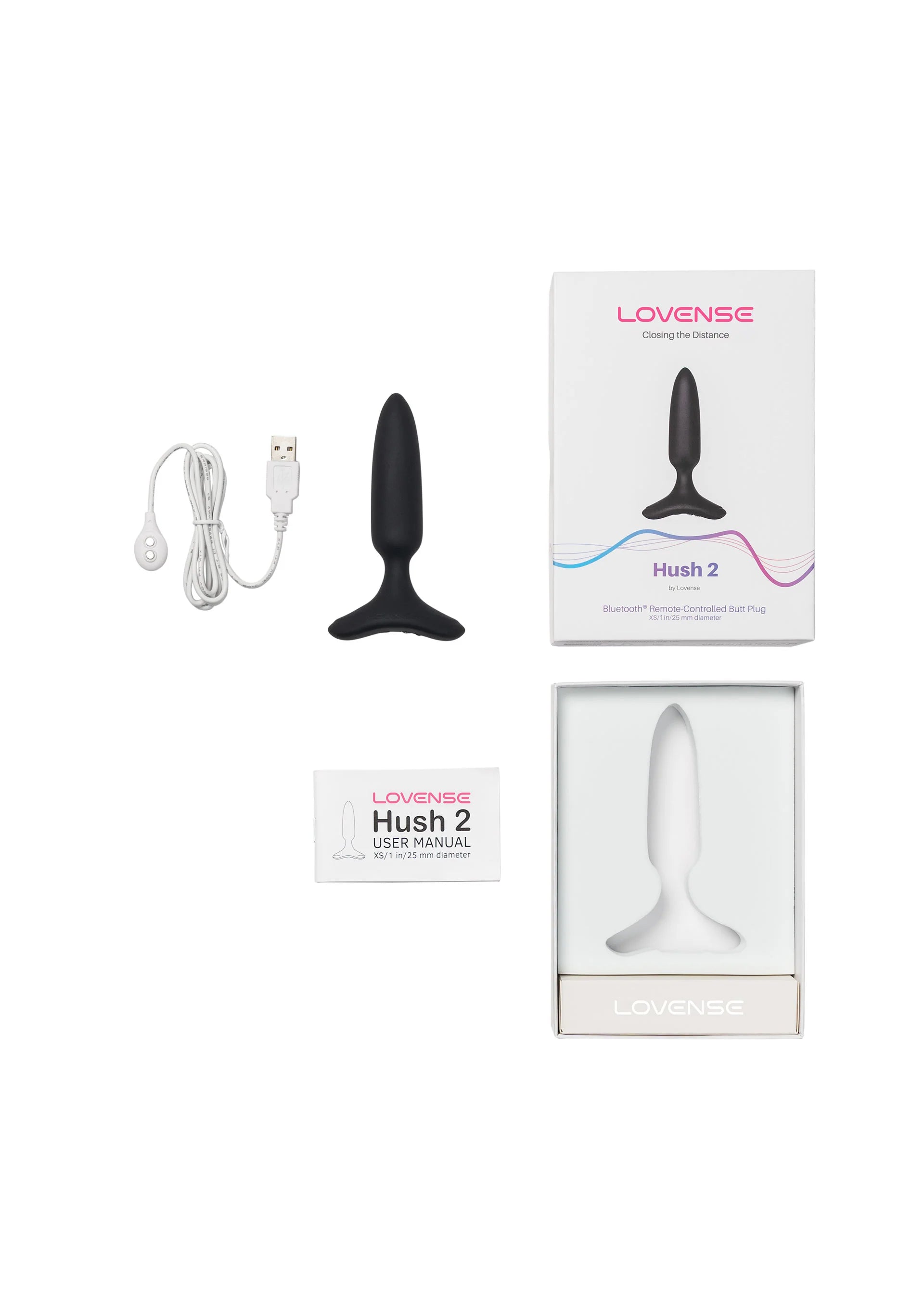 Buttplug-set met zwarte plug, USB-kabel en handleiding, plus productdoos