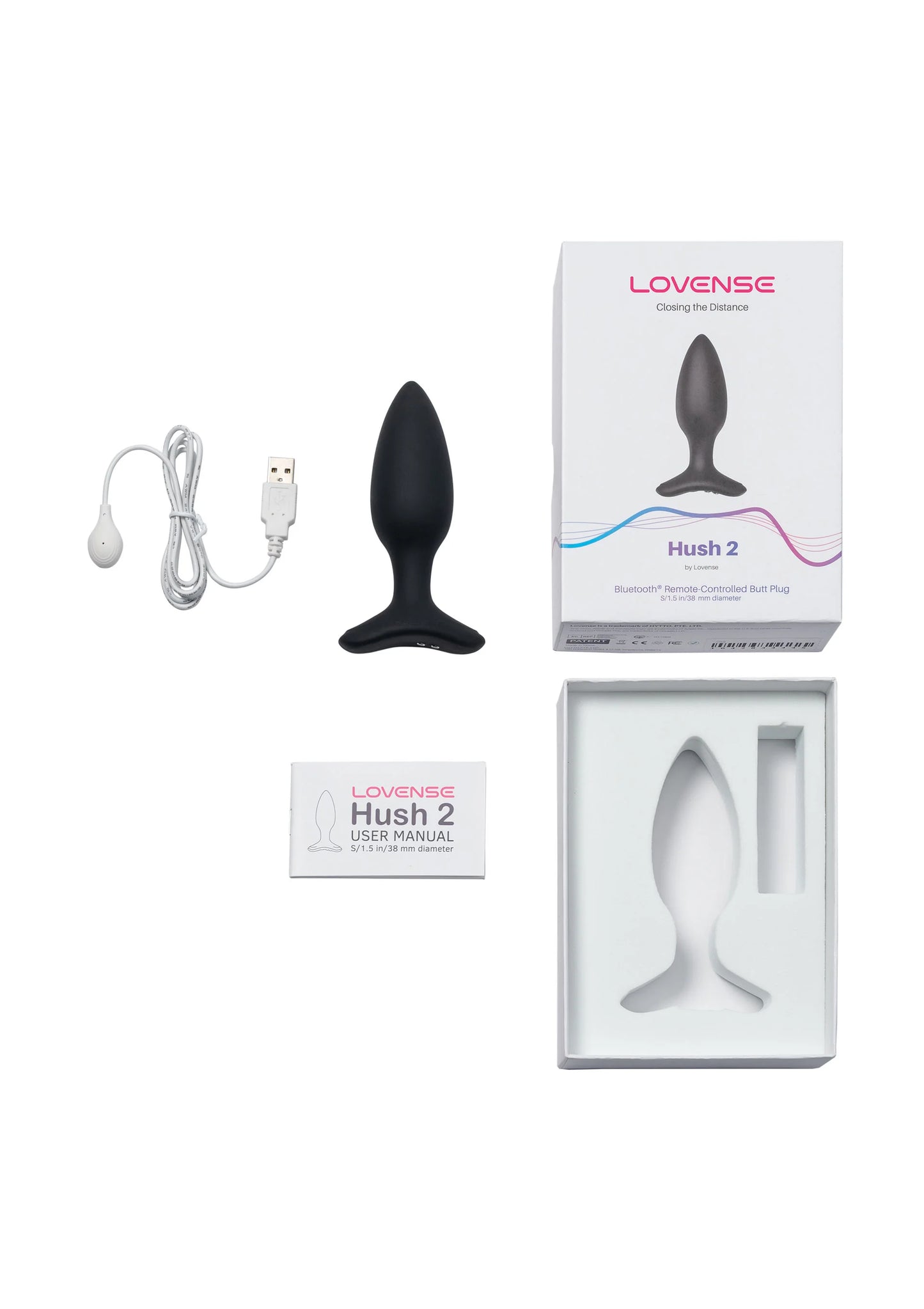 Lovense bilplugset met USB-kabel, handleiding en doosjes