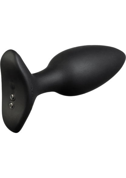 Zwarte anale plug met brede voet en metalen contactpunt, glad