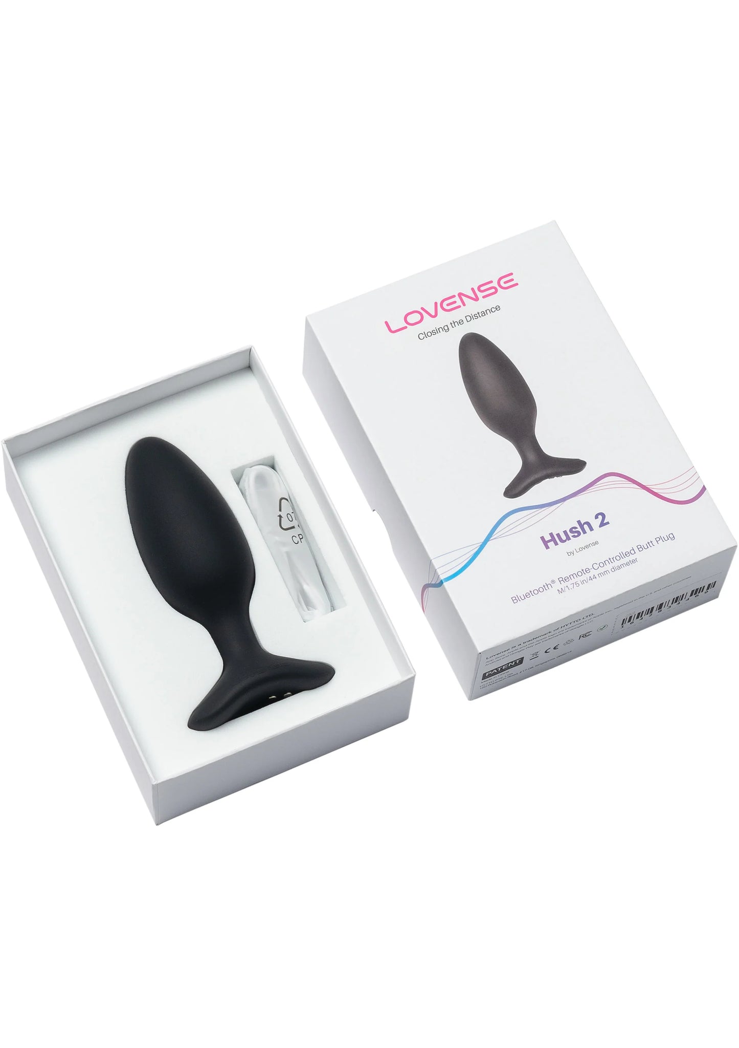 Zwarte Lovense anale plug in geopende doos, kegelvorm met brede voet