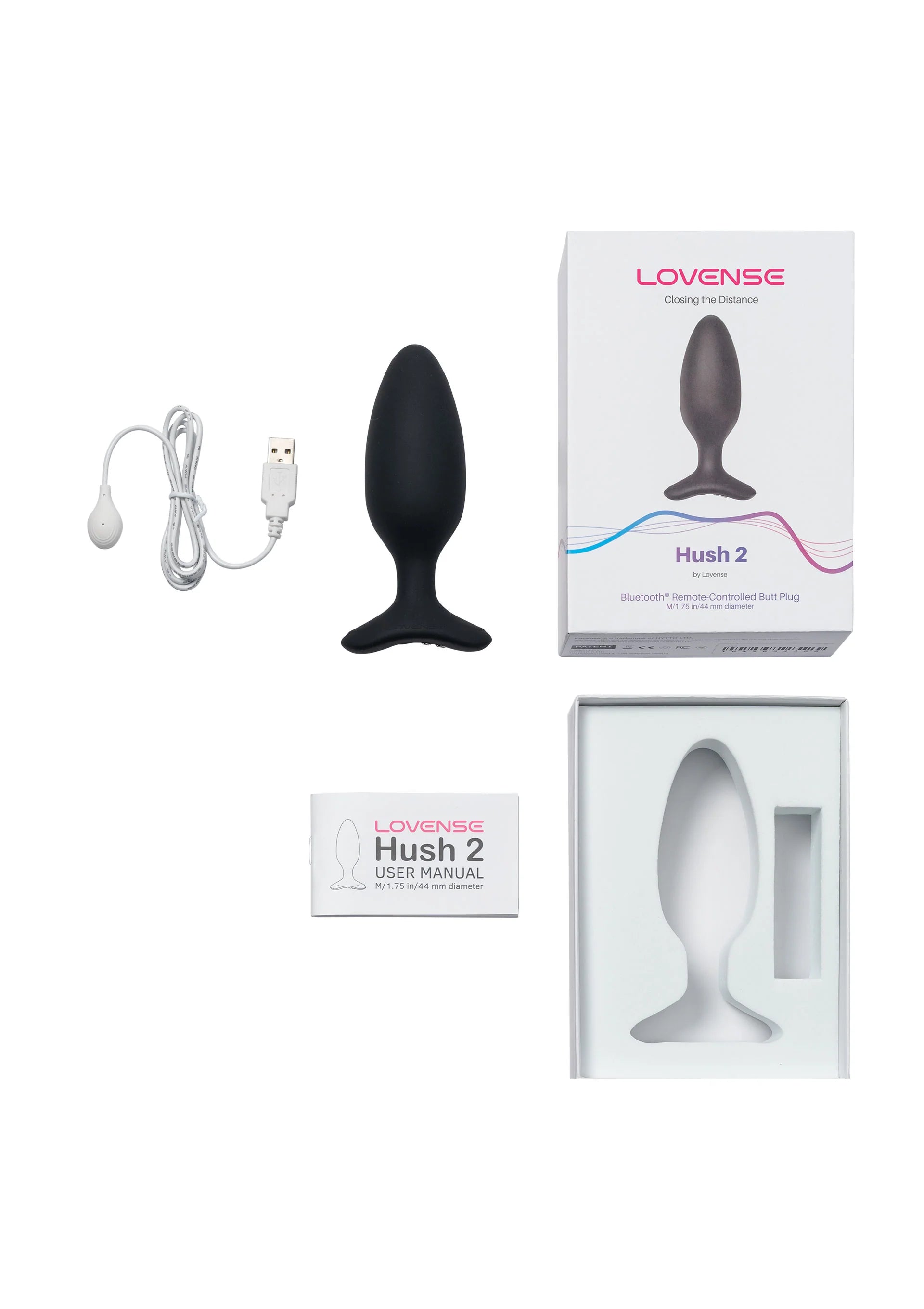 Lovense Hush 2 anale plug-set met zwarte plug, kabels en handleiding
