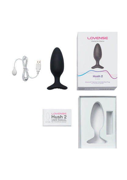 Lovense Hush 2 anale plug-set met zwarte plug, kabels en handleiding