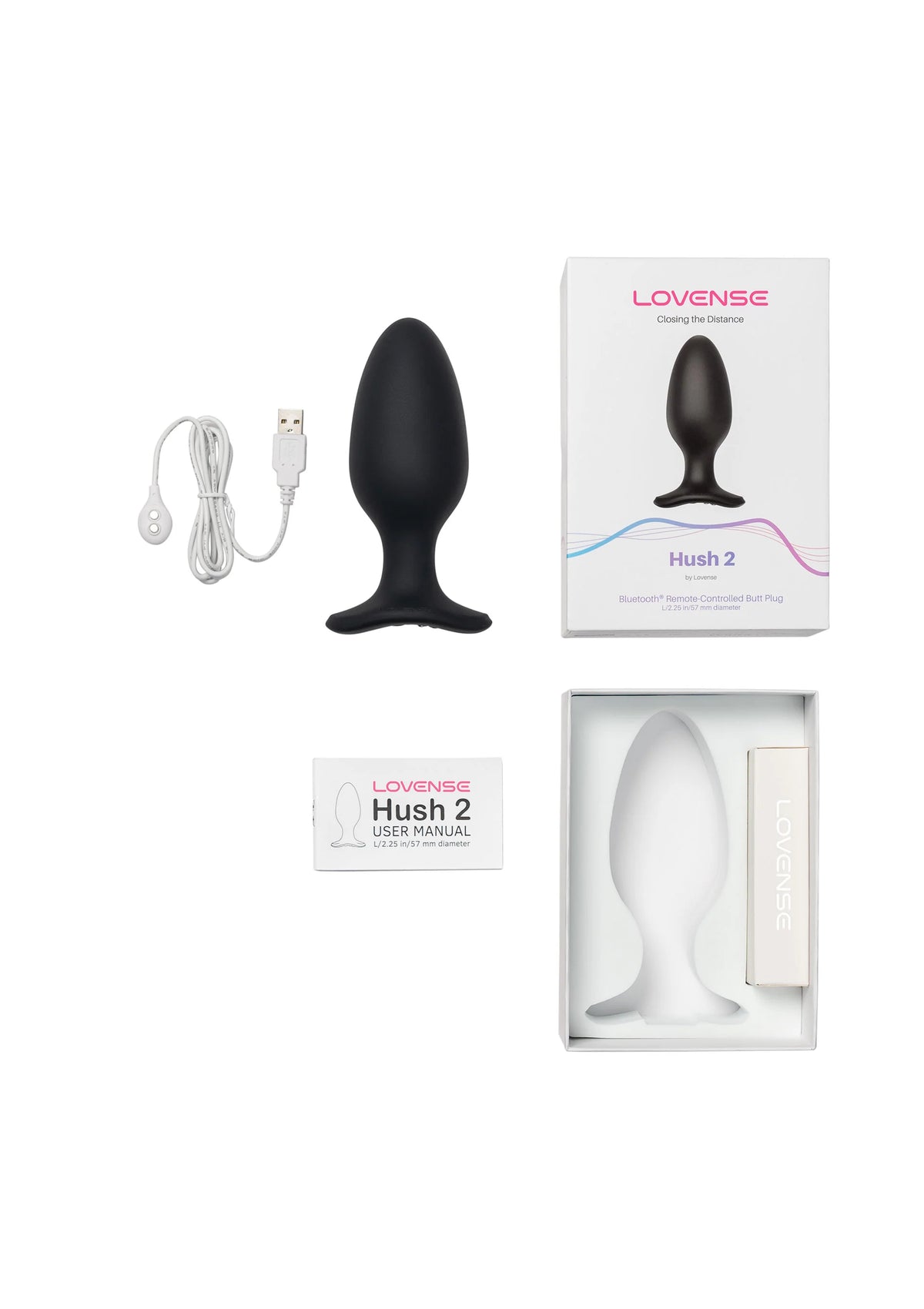 Lovesense Hush 2 anale plug set met USB-kabel, handleiding en doos