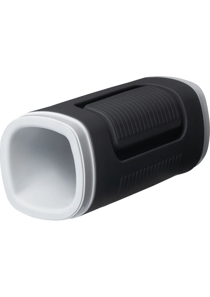 Zwarte Lovesense Calor masturbator met geribbelde grip en ronde witte opening