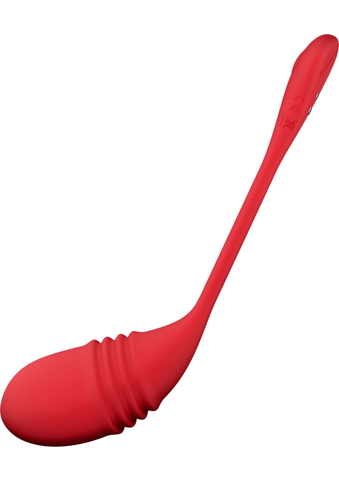 Rode G-spot vibrator met brede bolkop en smalle gebogen punt.
