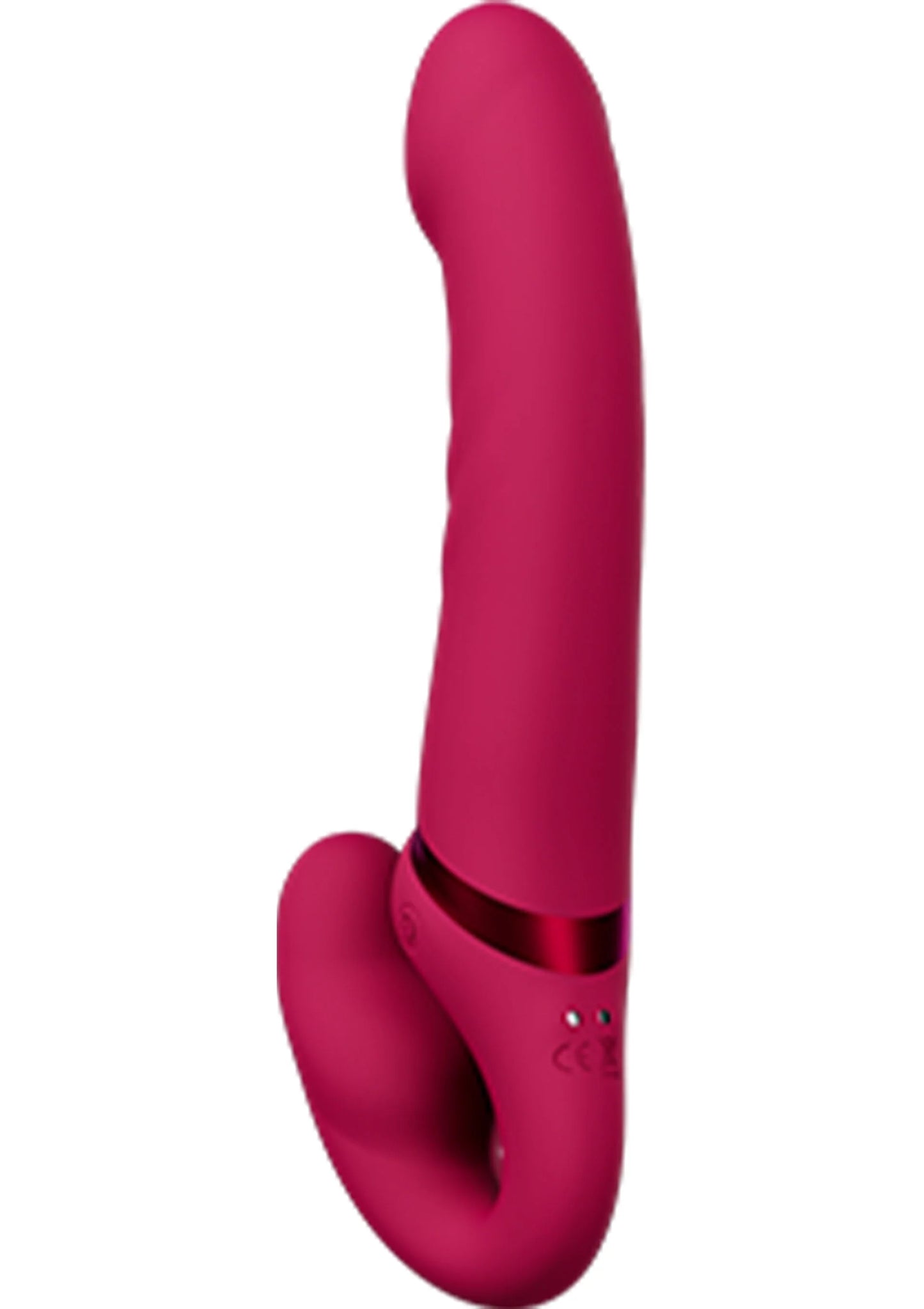 Roze Lapis dubbel dildo, staande weergave met brede ringbasis en afgeronde top.