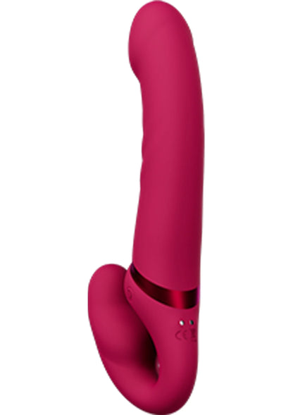 Roze Lapis dubbel dildo, staande weergave met brede ringbasis en afgeronde top.