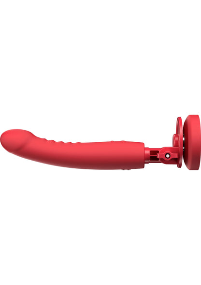 Rode stuwende dildo in lang zijaanzicht met montagekop en ronde basis.