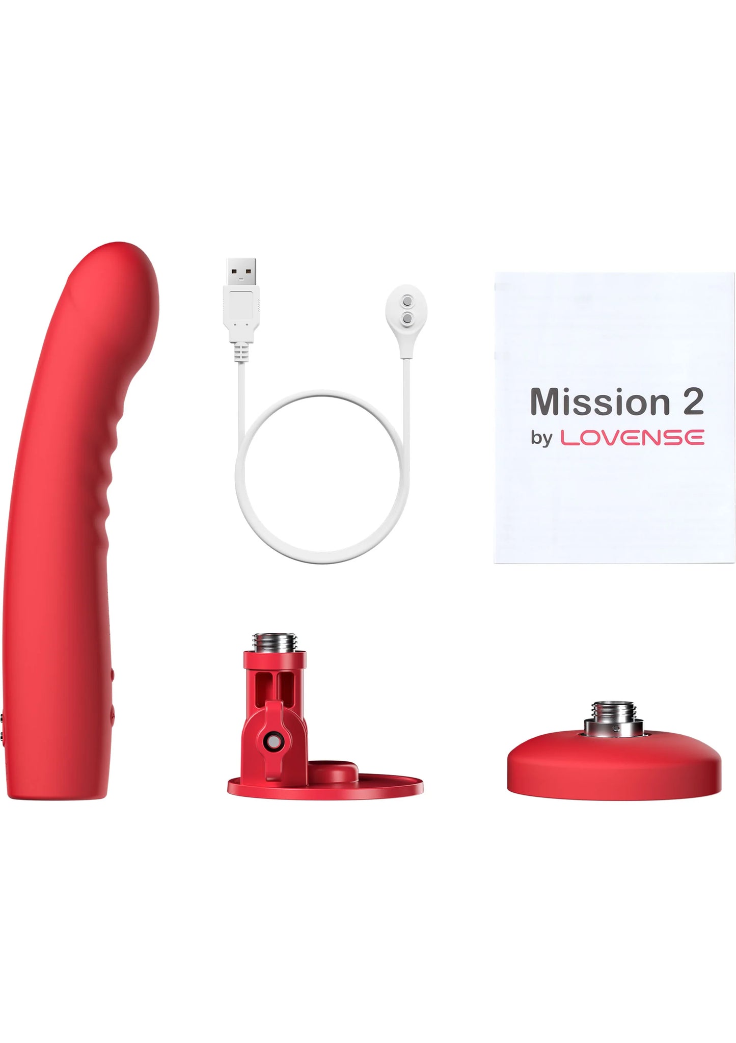 Rode stuwende dildo met kabels en twee ronde onderdelen voor bevestiging.