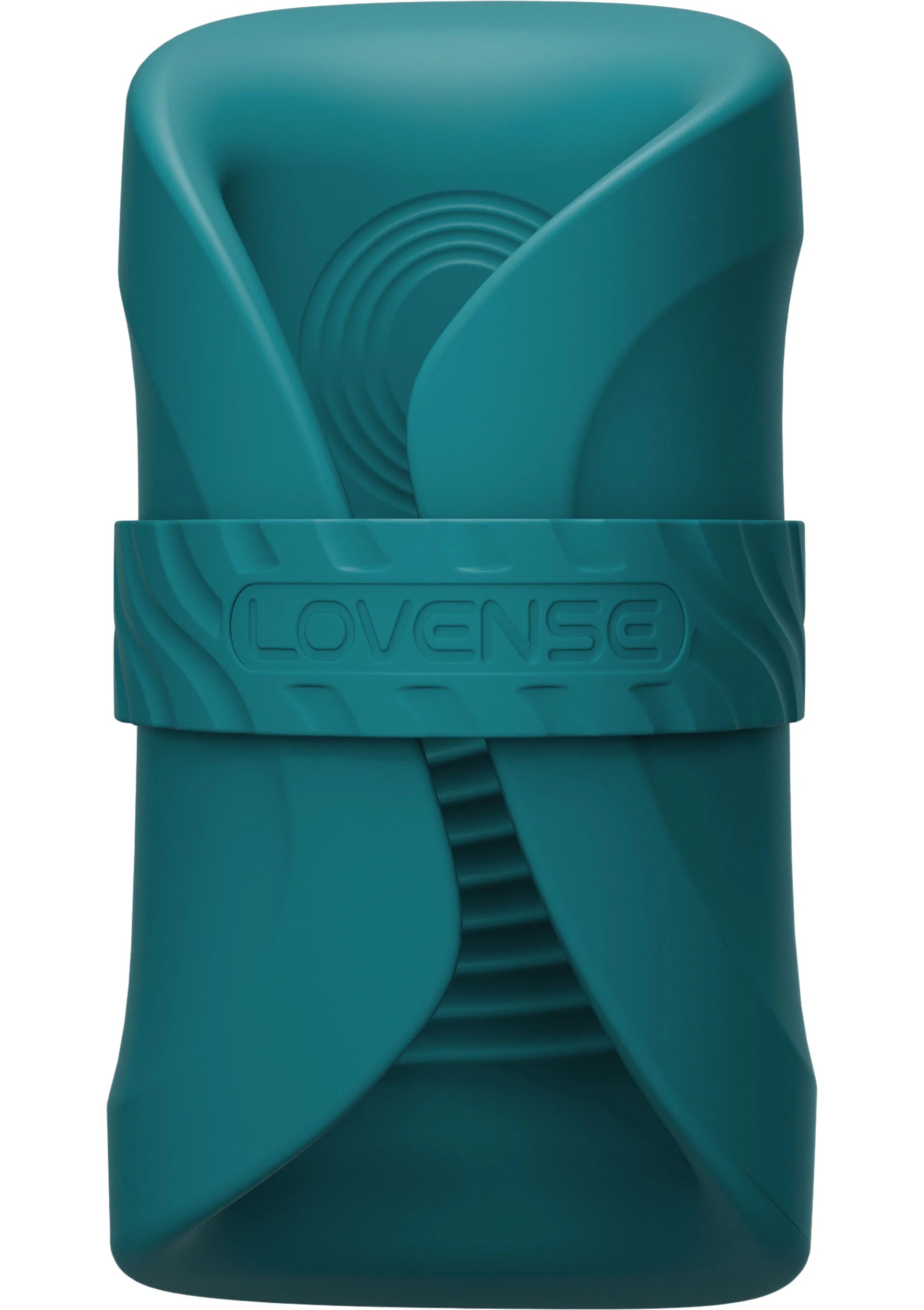 Teal intieme massager, close-up met LOVENSE-band en ingeslepen ribbels