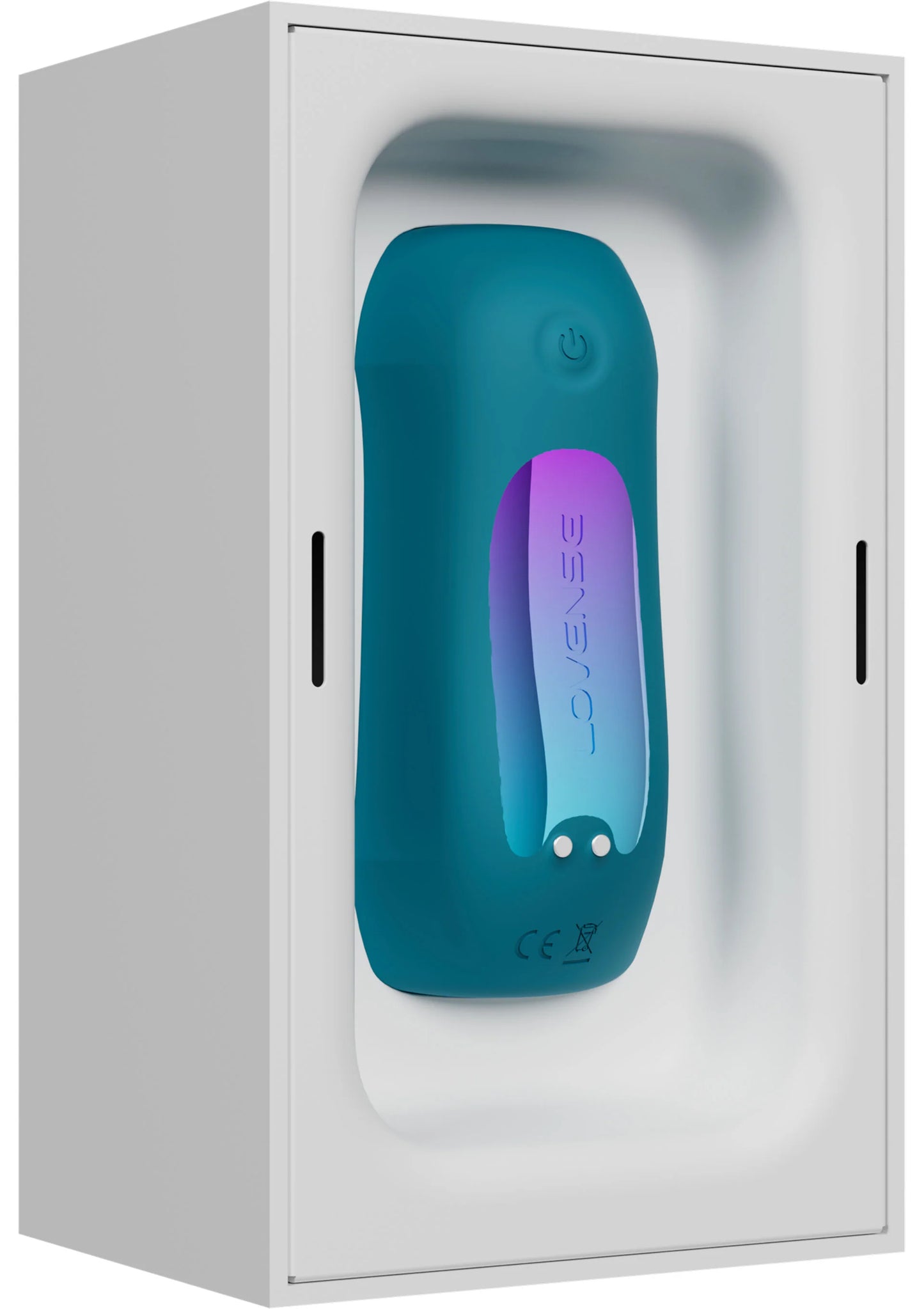 Teal siliconen vibrator met opdruk en aan/uit-knop, in verpakking