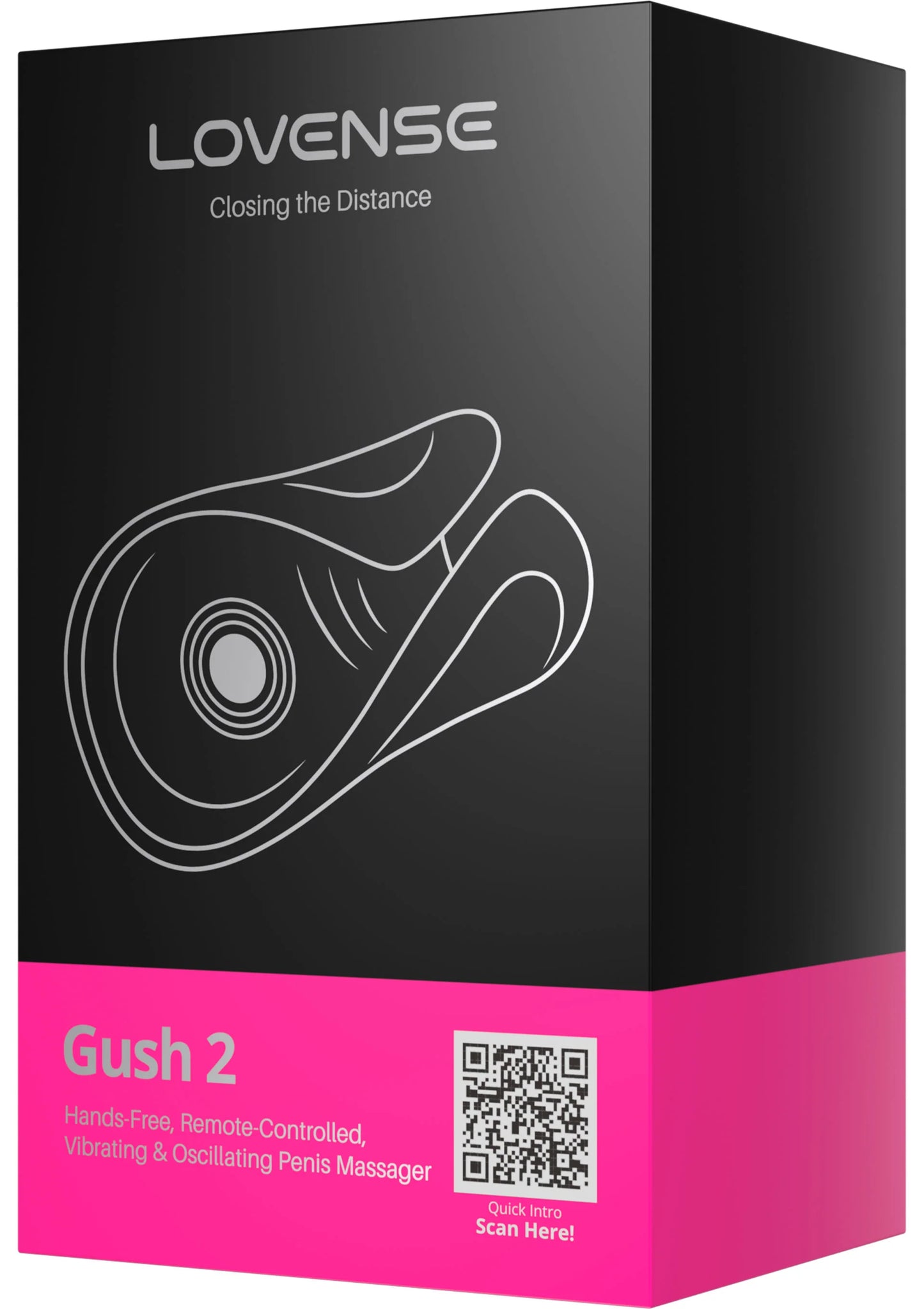 Verpakte Lovesense Gush 2 doos in zwart met roze onderrand en QR-code