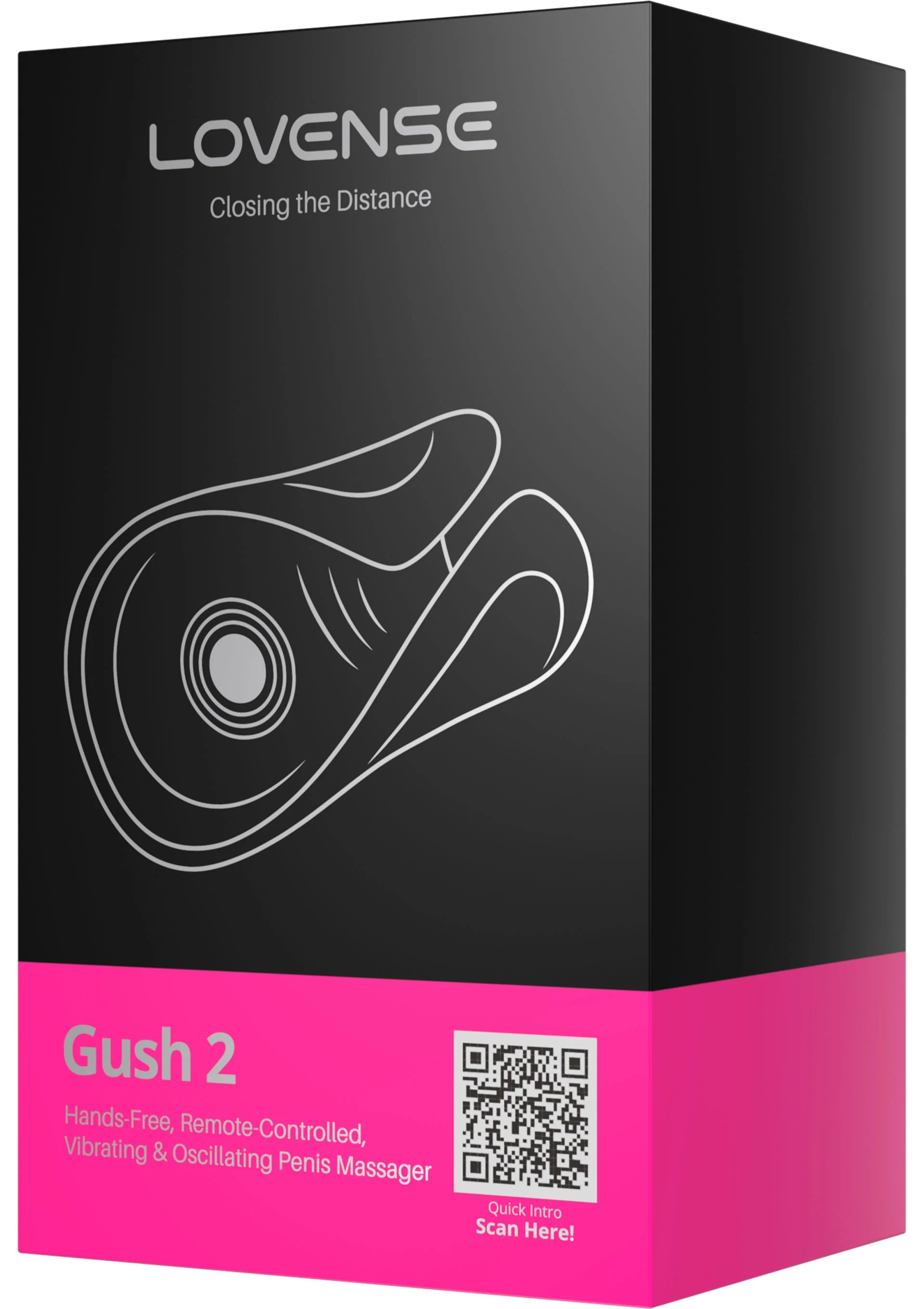 Verpakte Lovesense Gush 2 doos in zwart met roze onderrand en QR-code