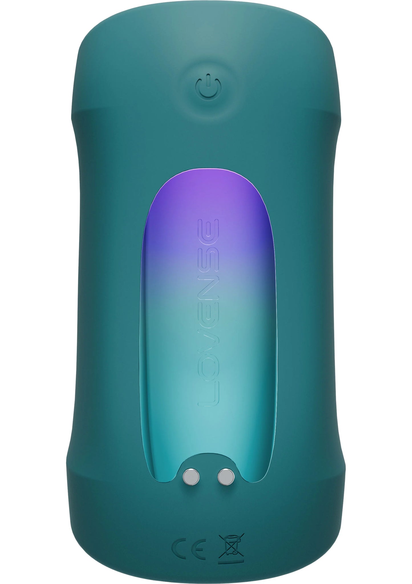 Teal intieme massager met bedieningsknop en paarse accentgloed