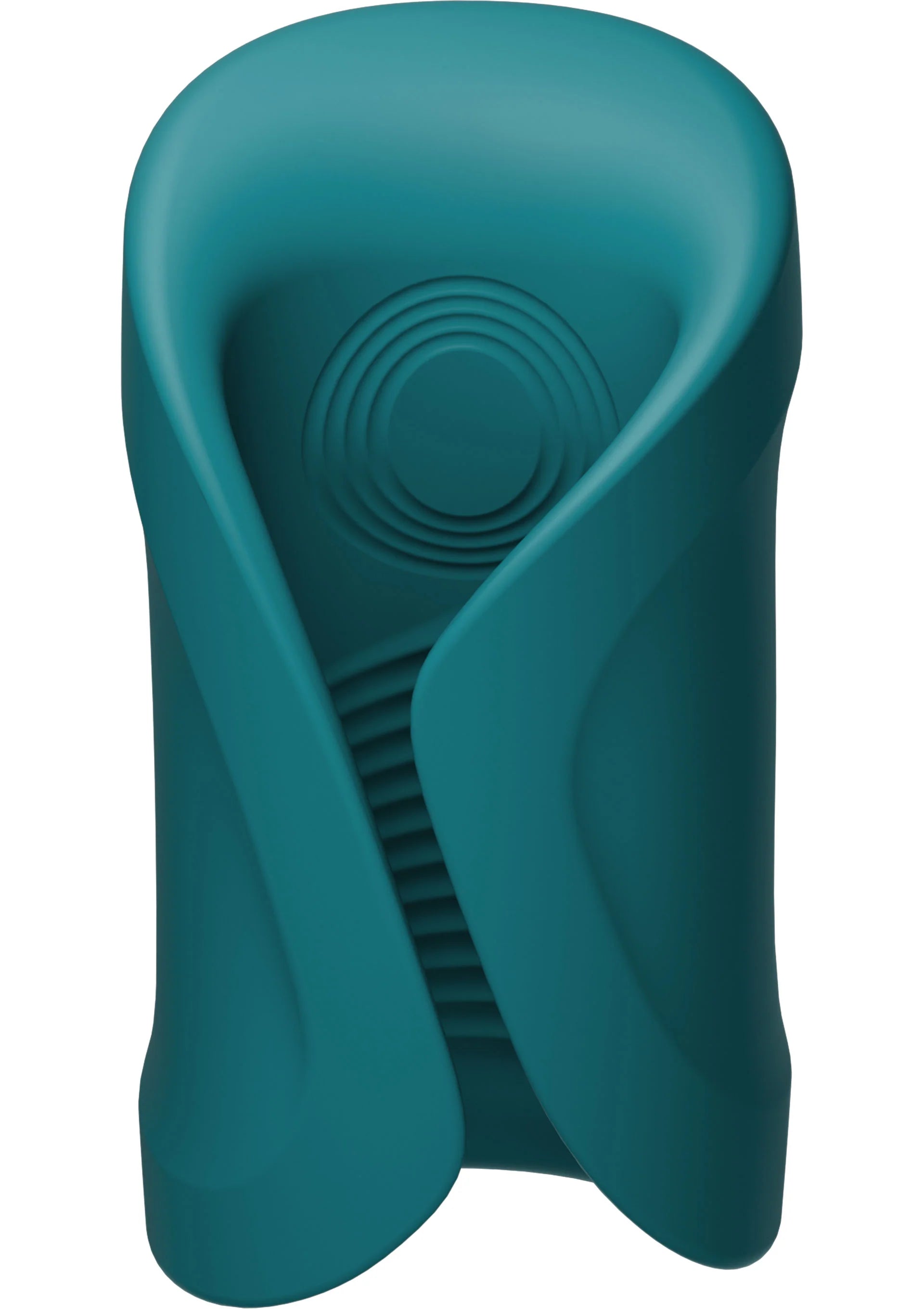 Teal intieme massager met ronde massagekern en diagonale ribbelzone