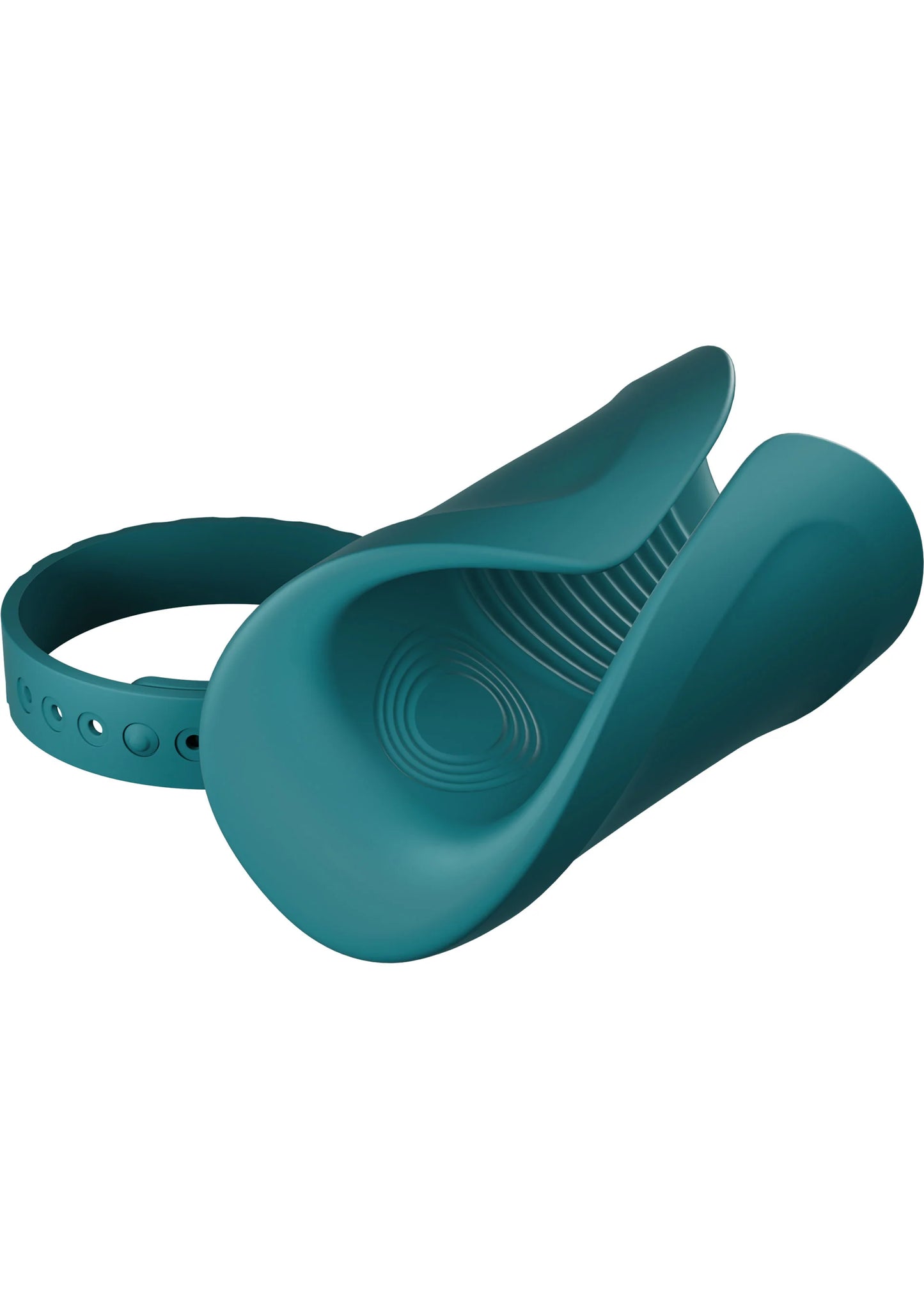 Teal siliconen vibrator met brede armband en ronde contactzone