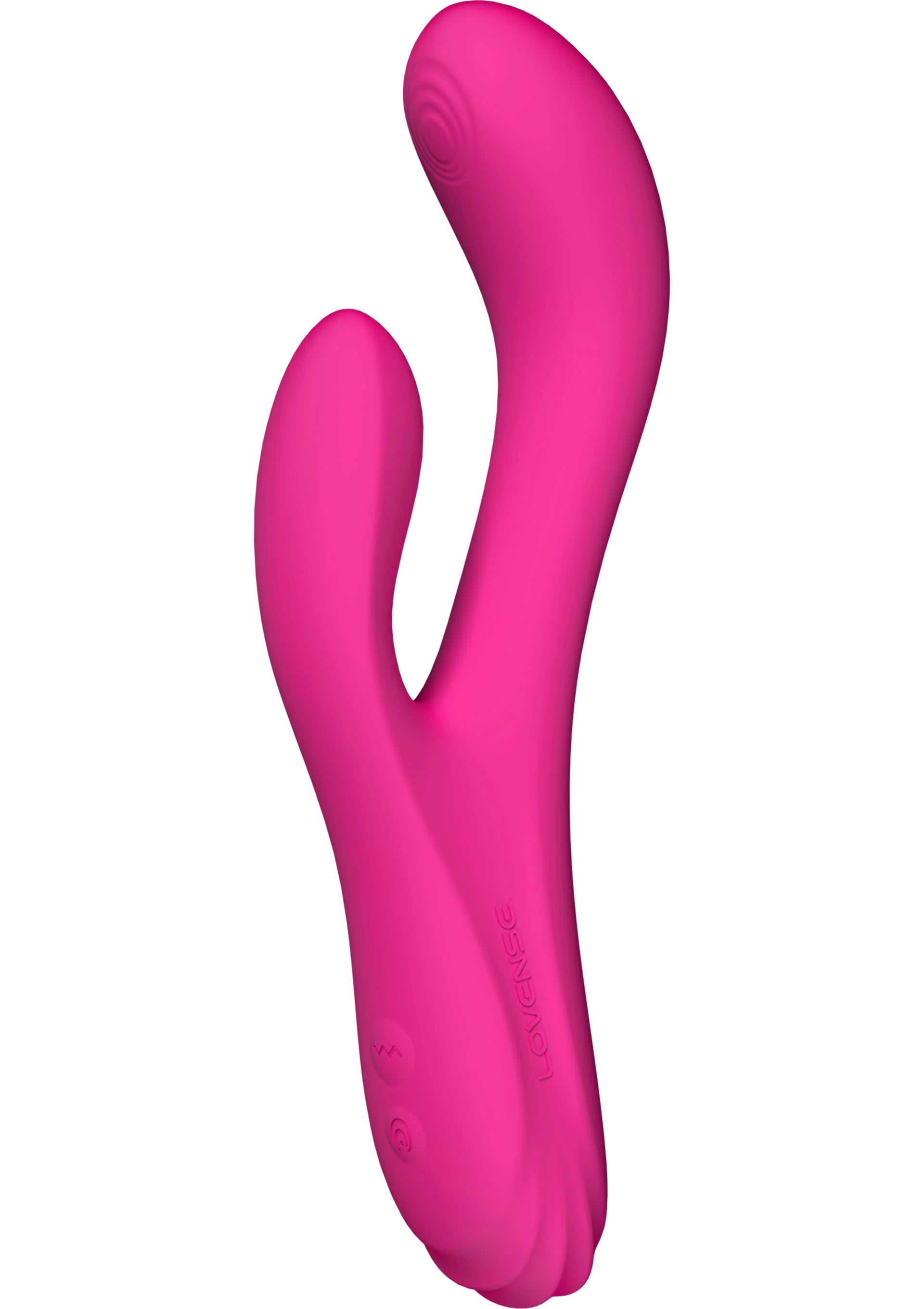 Roze U-vormige vibrator met langwerpige vorm en gladde, afgeronde contouren