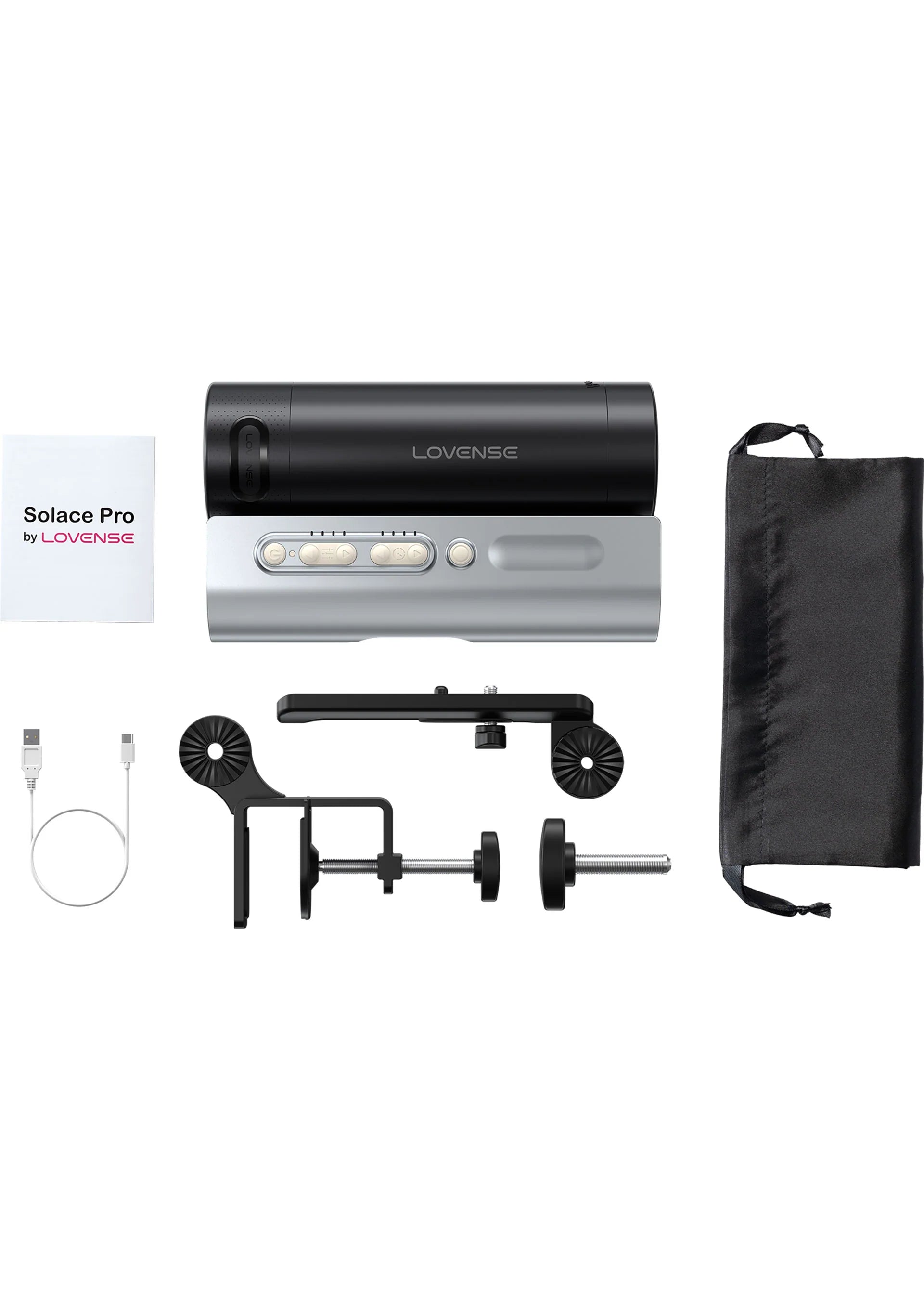 Lovesense Solace Pro-masturbator met accessoires: stang, adapters, snoeren en tas