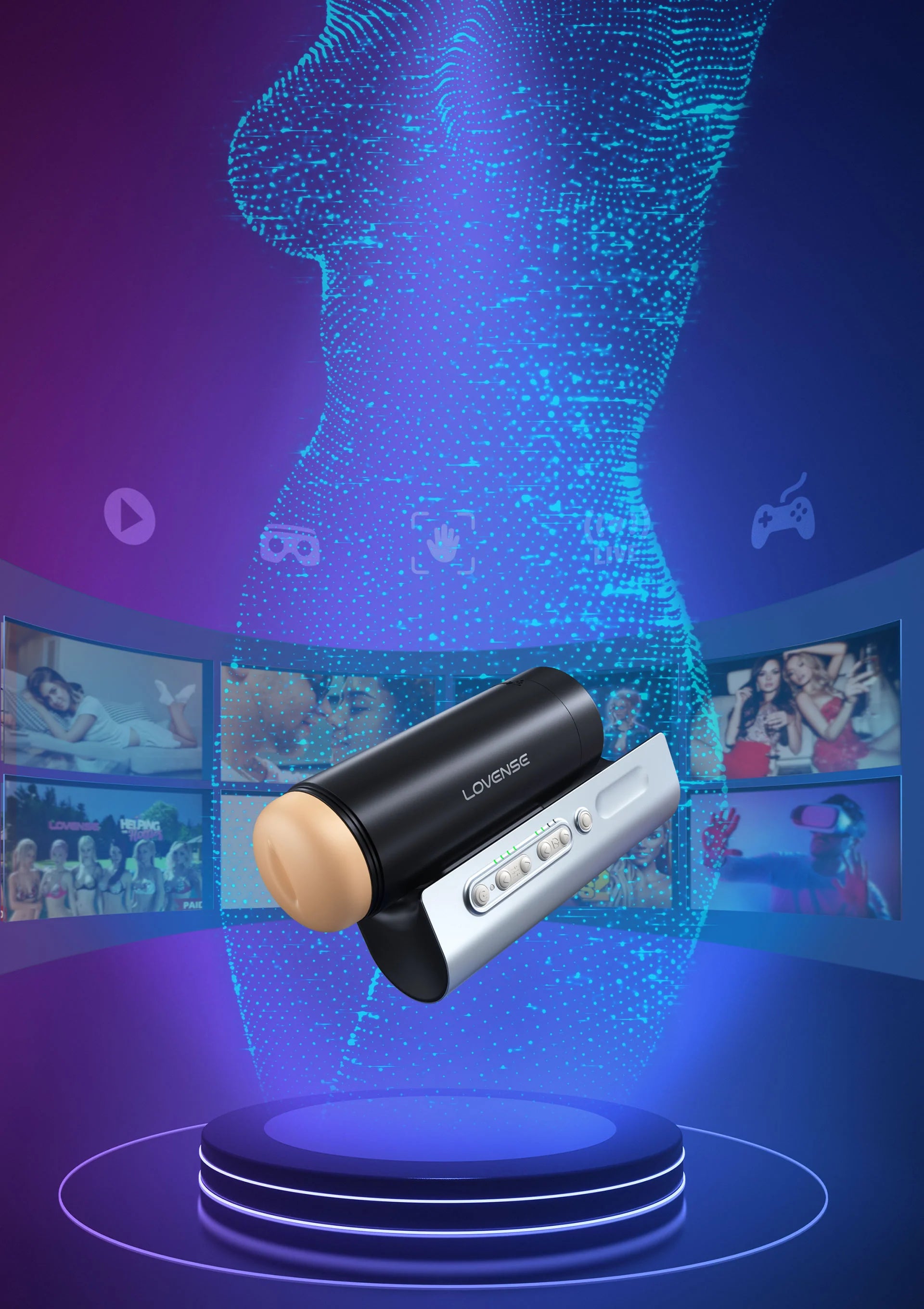 Solace Pro masturbator met zwarte cilinder en beige opening op ronde basis