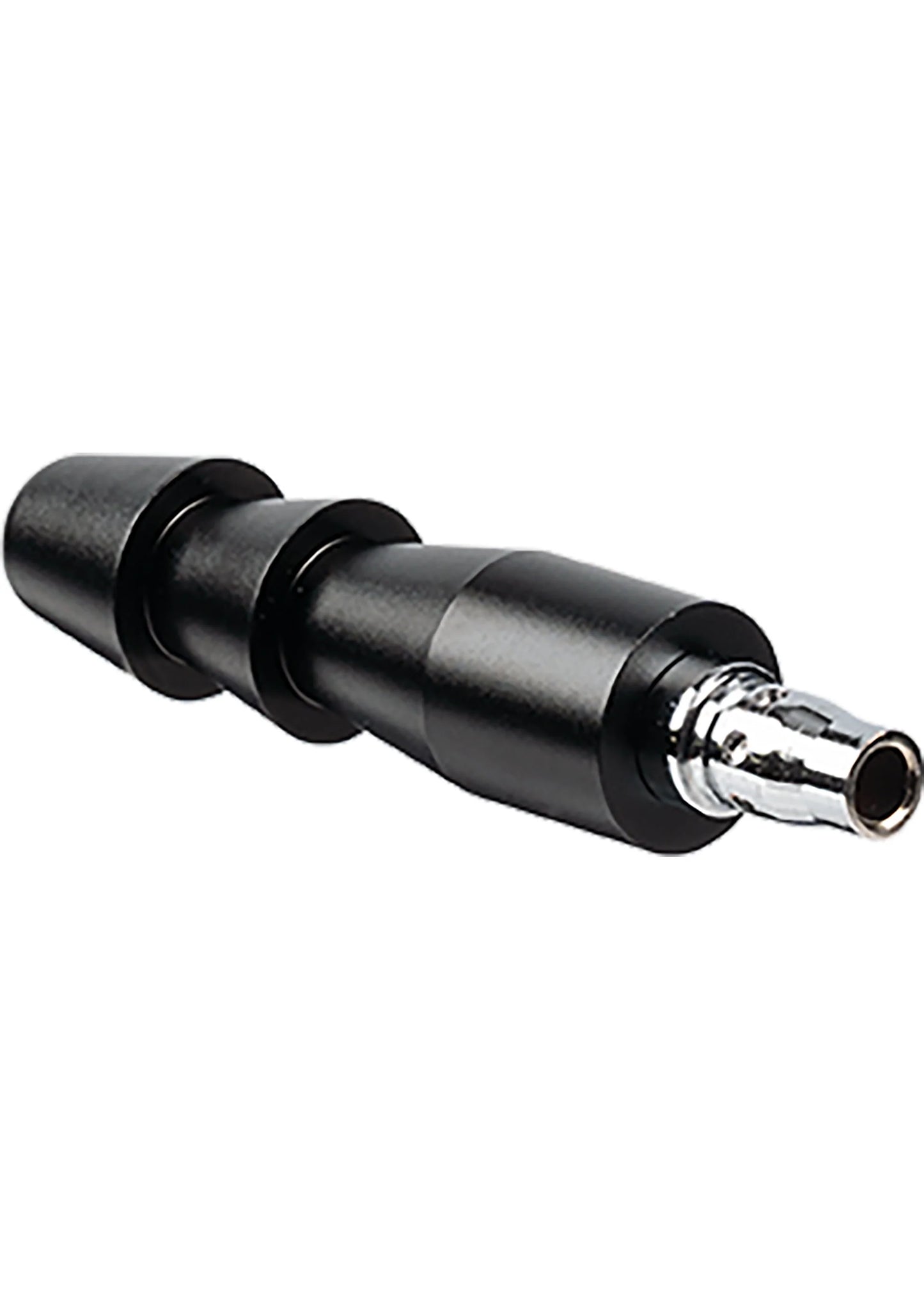 Zwart cilindrisch onderdeel met metalen connector en doorzichtige ring