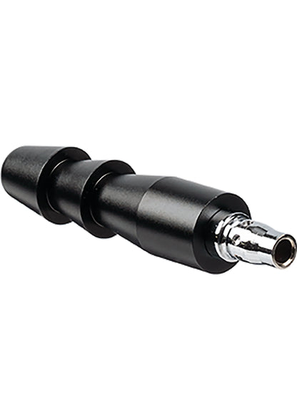 Zwart cilindrisch onderdeel met metalen connector en doorzichtige ring