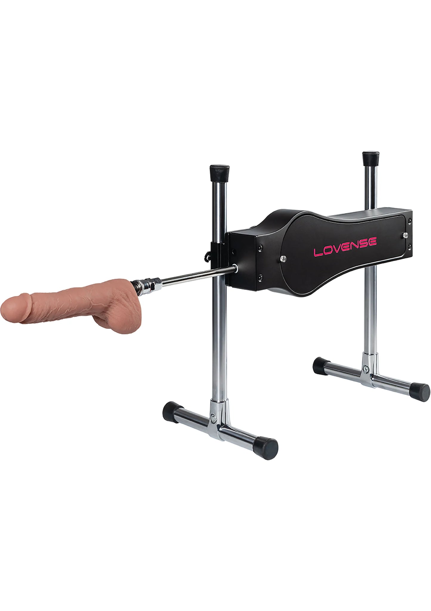 Lovesense seksmachine met zwart hoofdframe, twee chroom poten en handgreep links